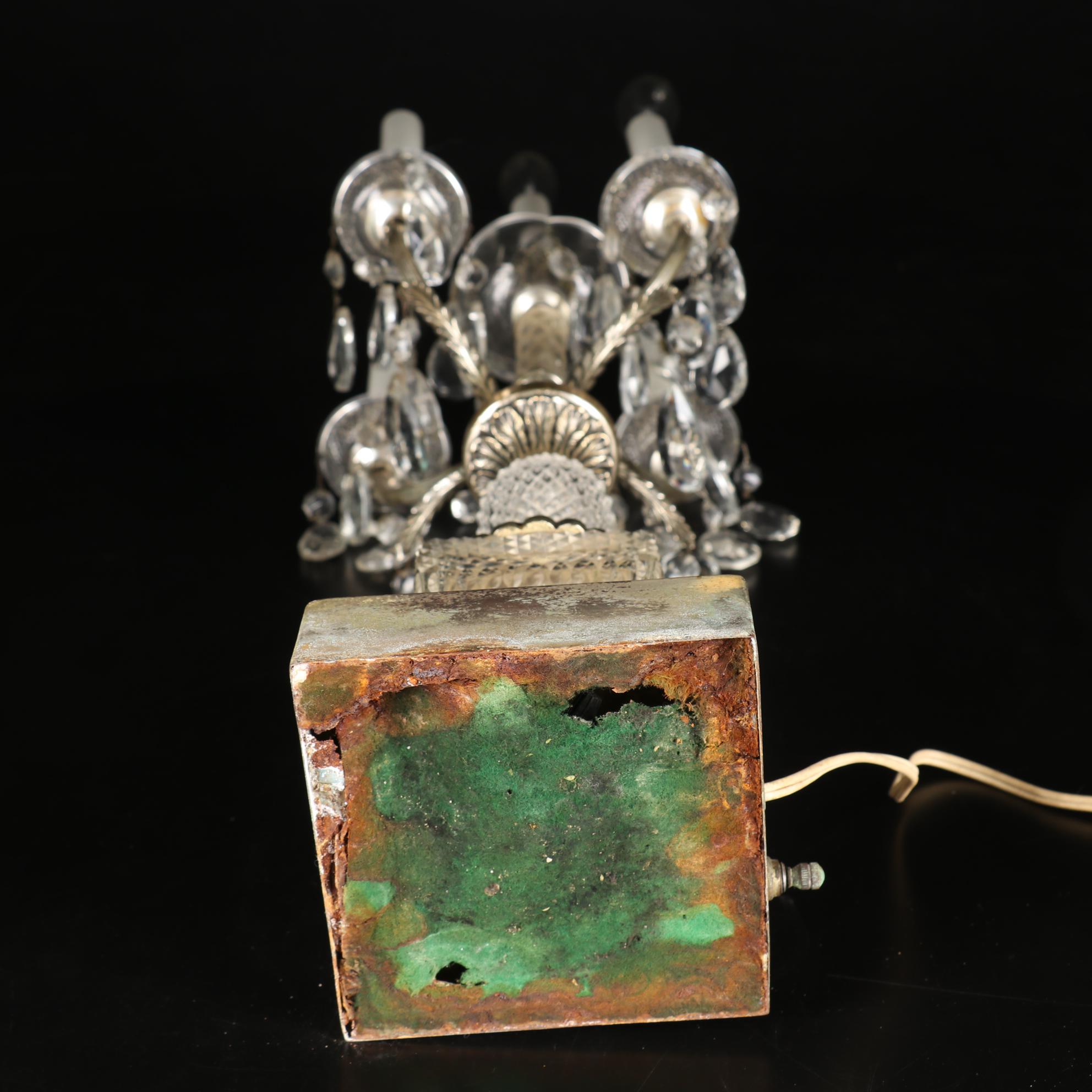 Metal and Glass Candelabra Table Lamp with Crystal Prisms