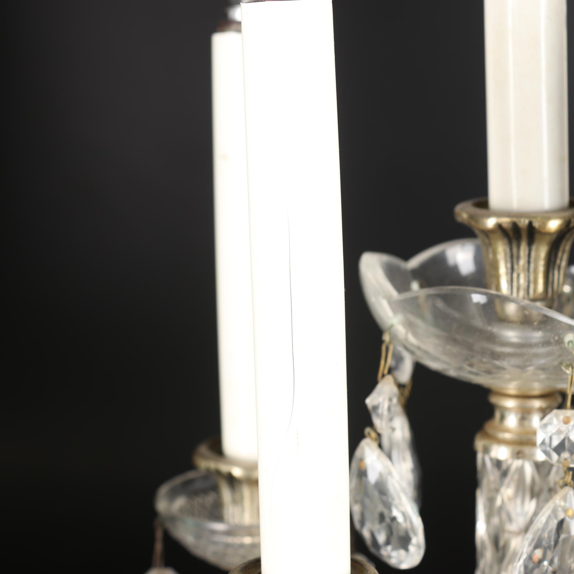 Metal and Glass Candelabra Table Lamp with Crystal Prisms