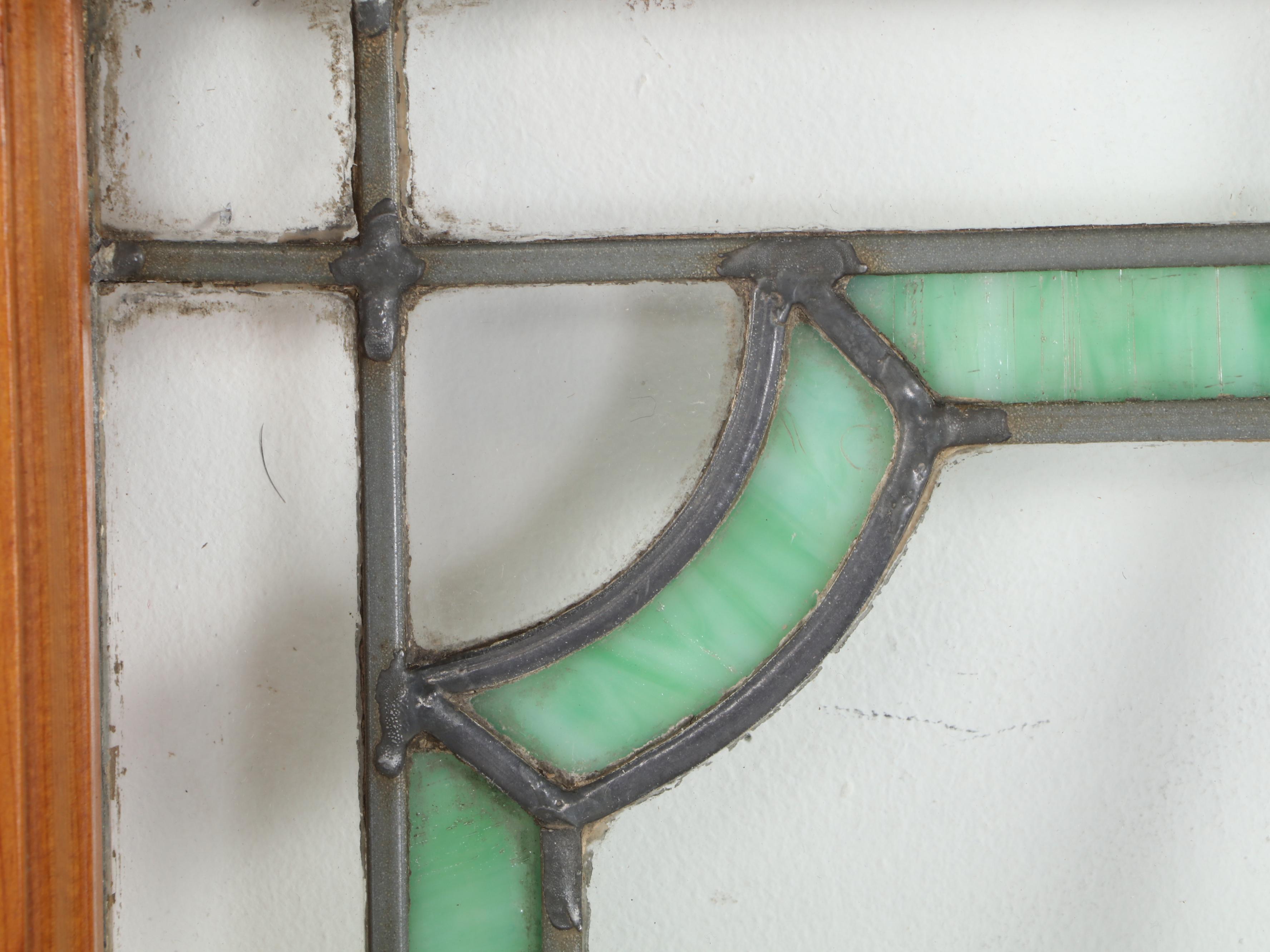 Arts and Crafts Style Clear and Slag Glass Window in Wooden Frame