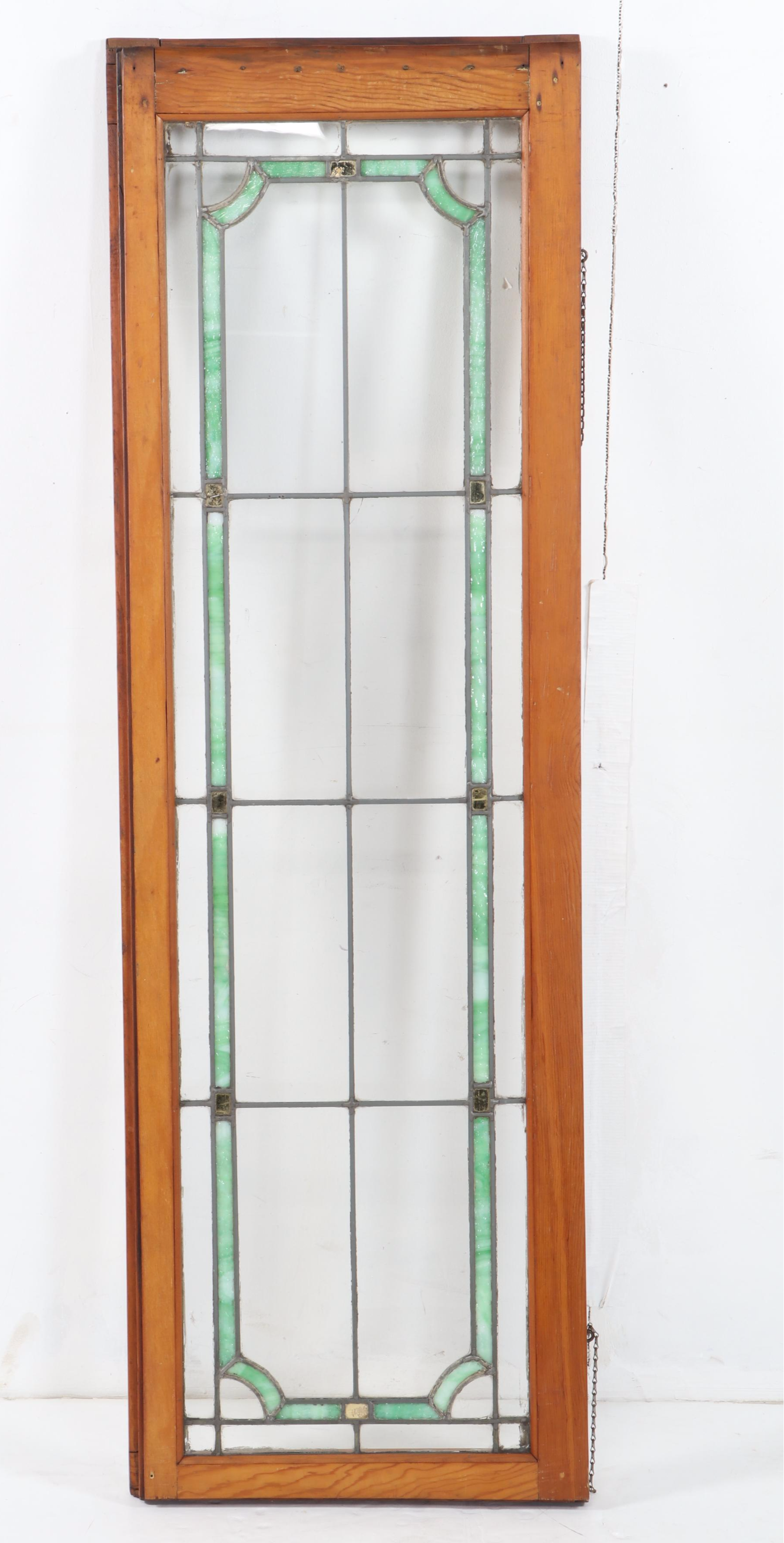 Arts and Crafts Style Clear and Slag Glass Window in Wooden Frame