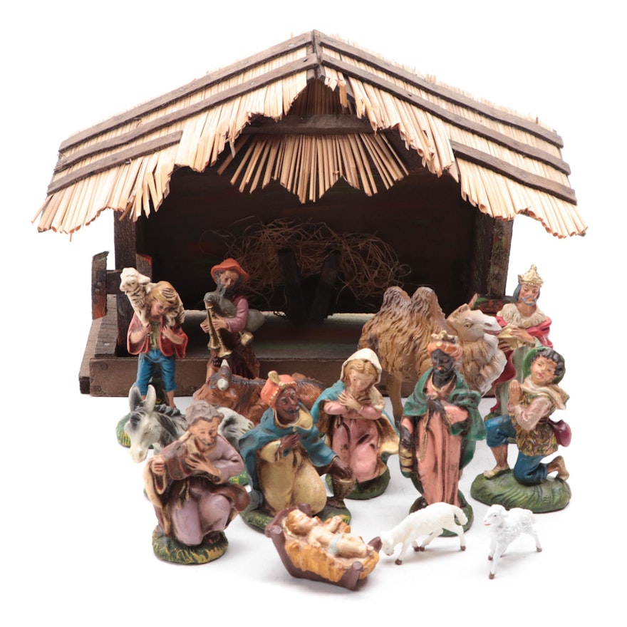Christmas Nativity Figurines with Wood Nativity Backdrop