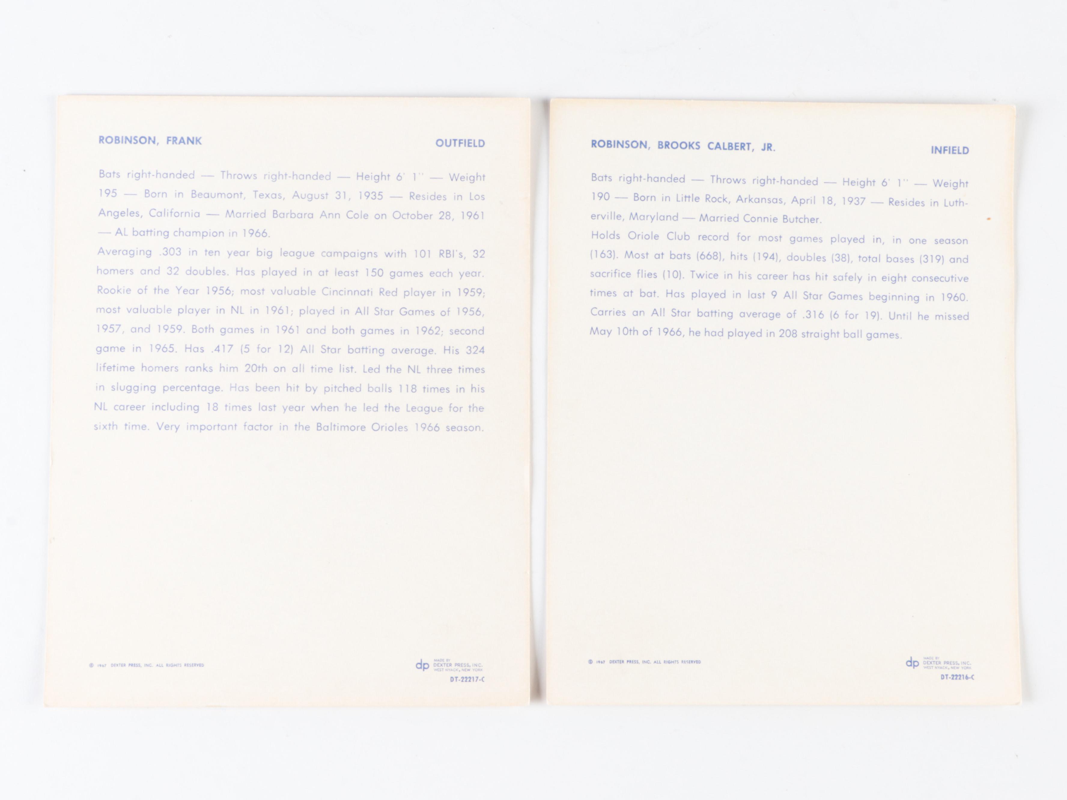 1967 Dexter Press Premiums Baseball Cards with Robinson, Kaline, Killebrew, More