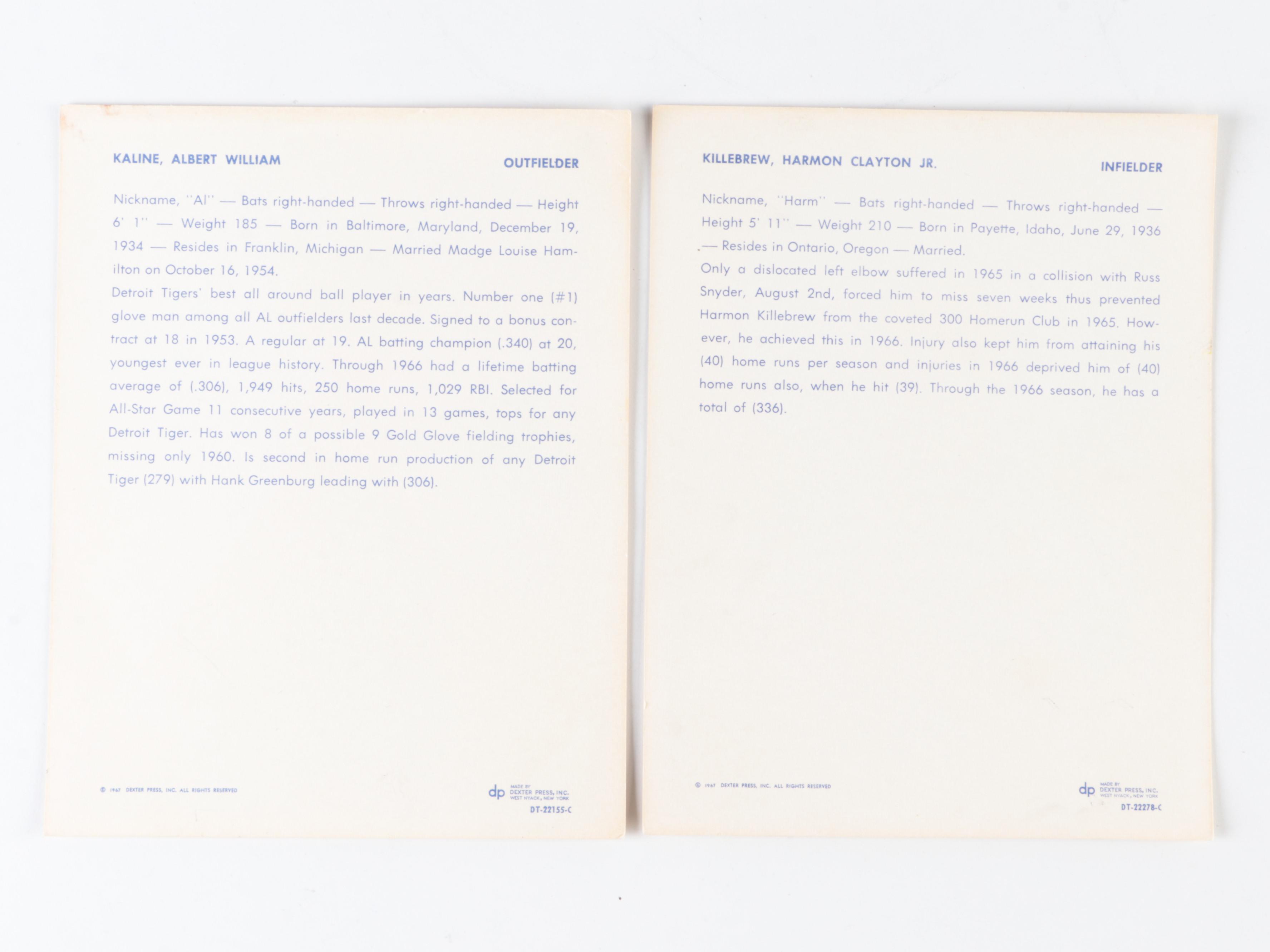 1967 Dexter Press Premiums Baseball Cards with Robinson, Kaline, Killebrew, More