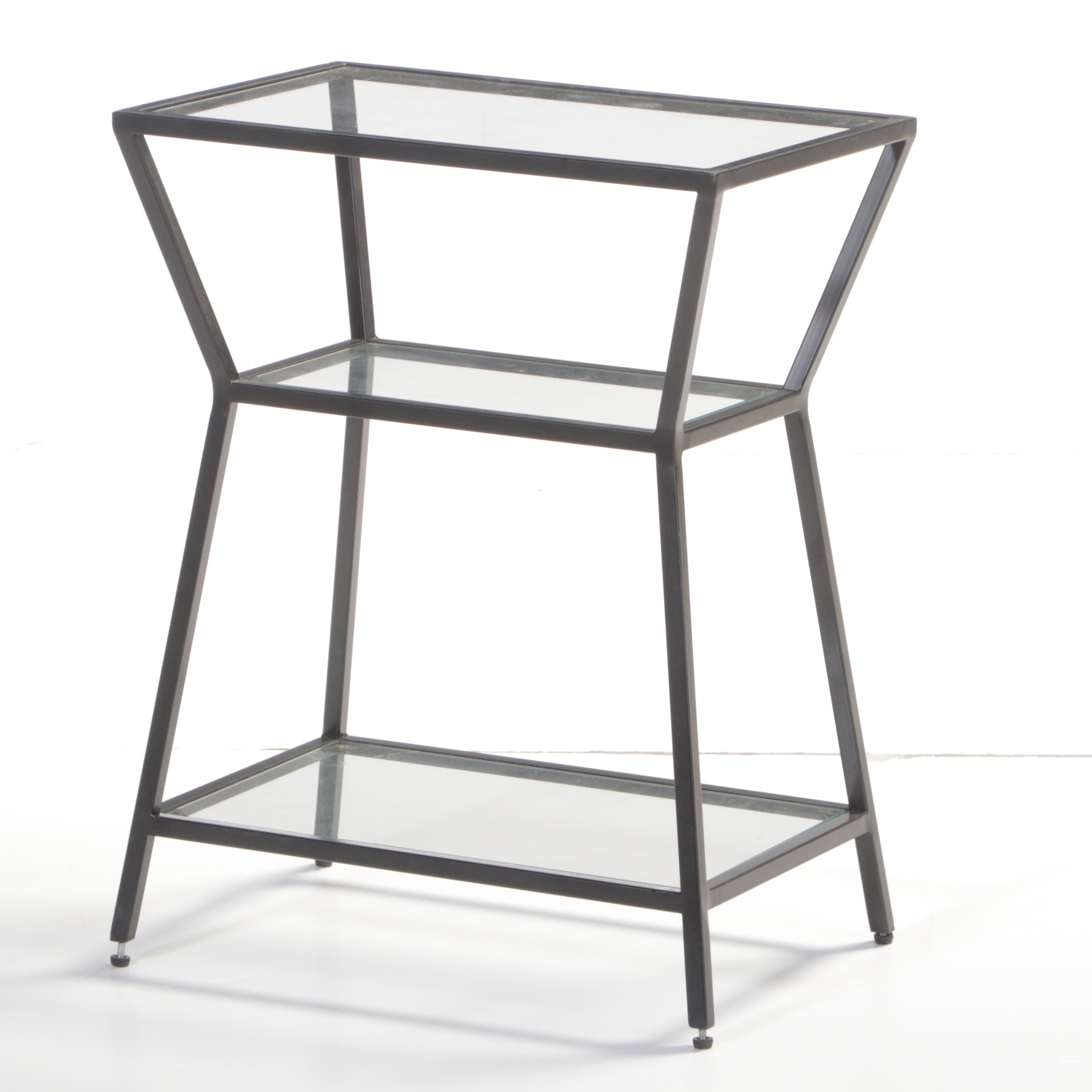 Two Modernist Style Black Metal and Glass Top Side Tables