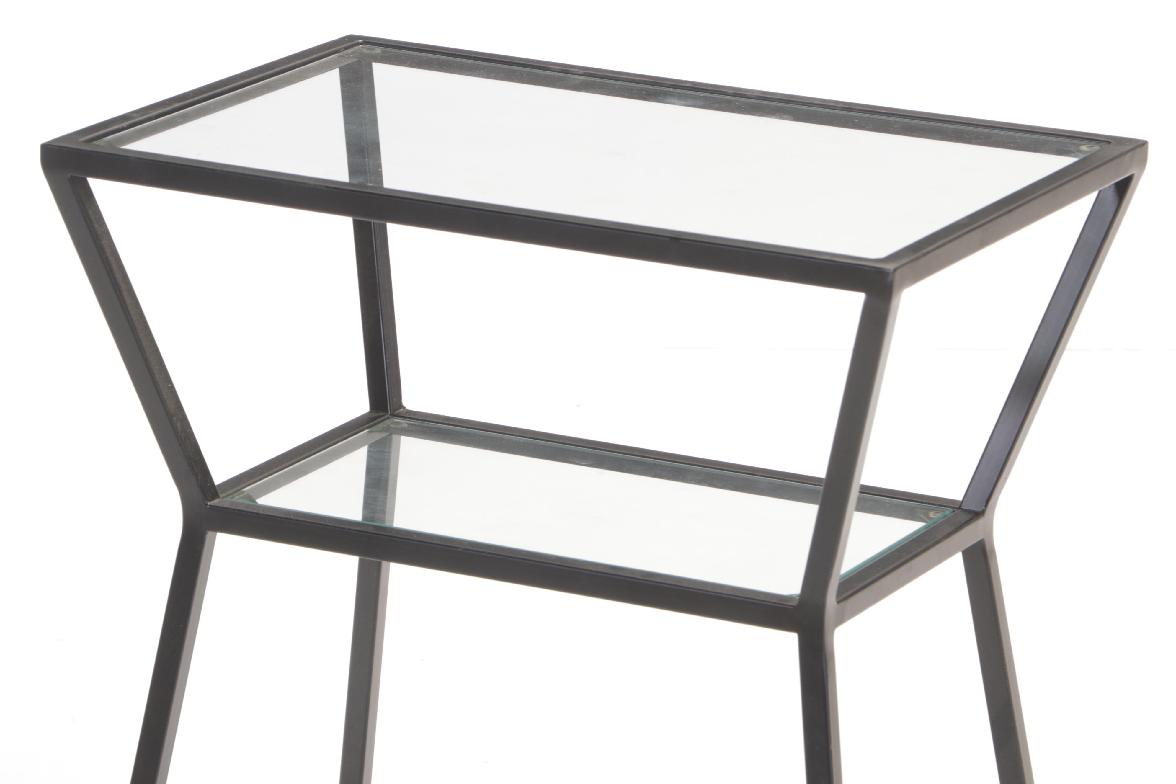 Two Modernist Style Black Metal and Glass Top Side Tables