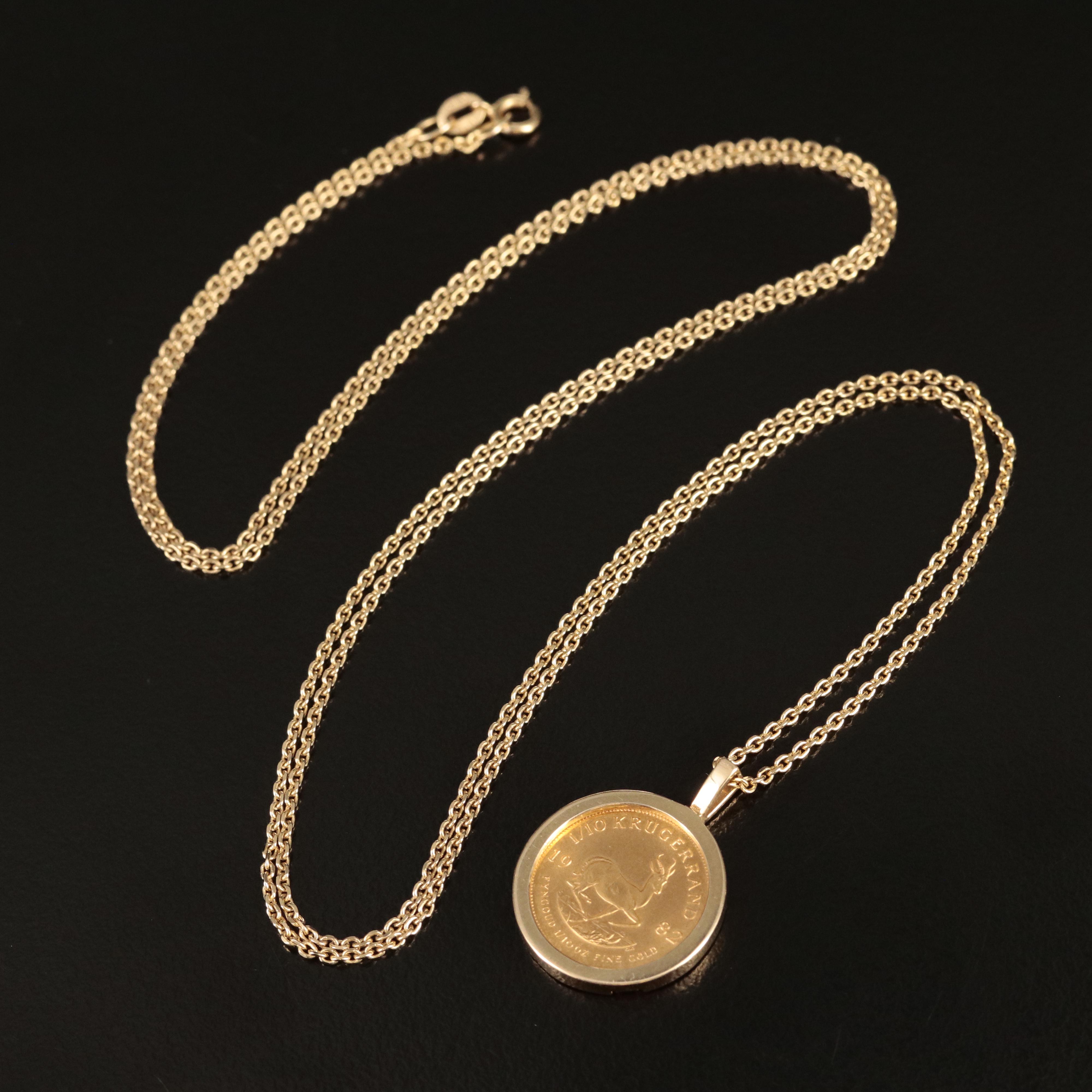 14K Pendant Necklace with 1982 South African Krugerrand Gold Bullion Coin