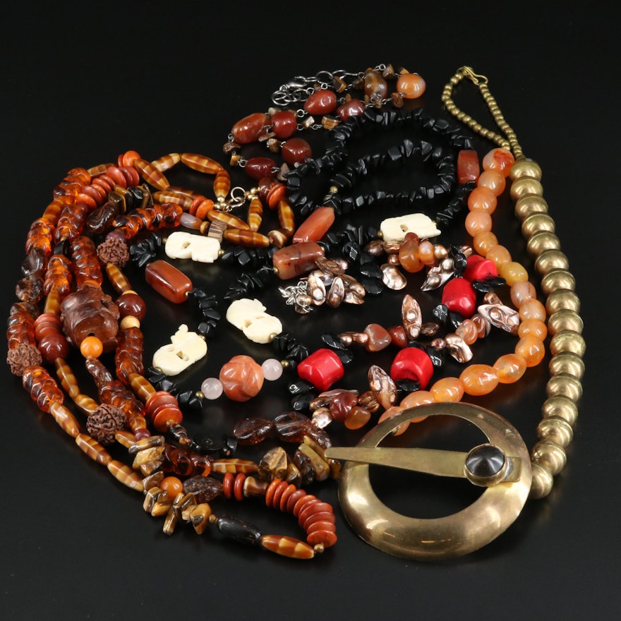 Asian Necklaces Including Coral, Agate and Bone