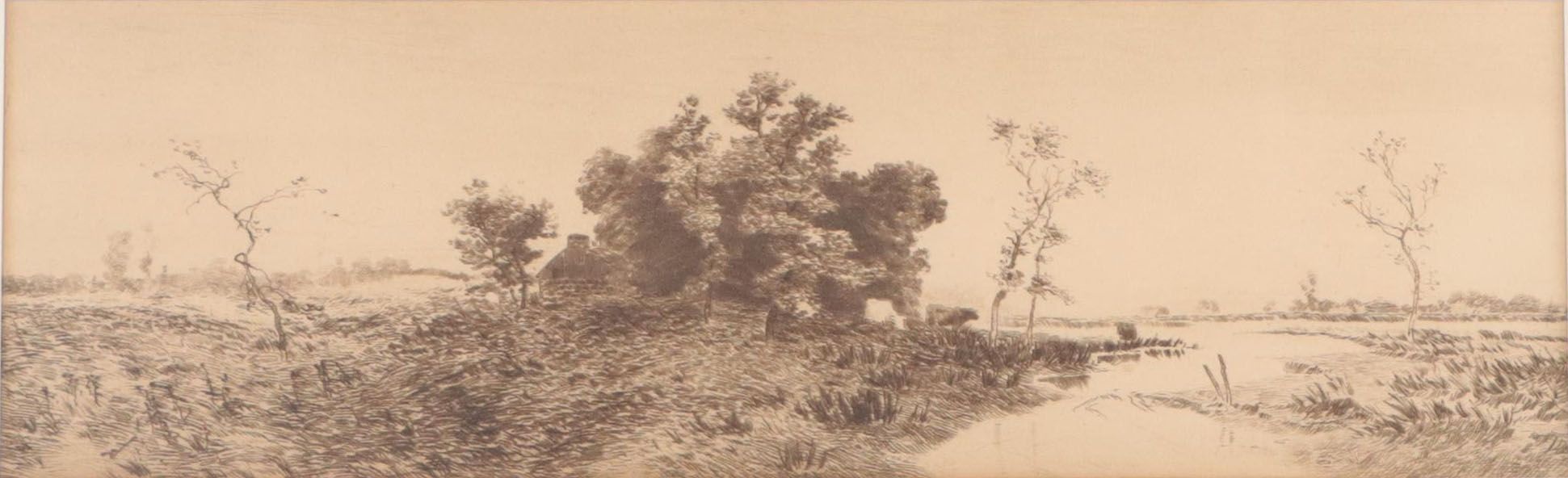 Pastoral River Landscape Etching "Rainy Day"