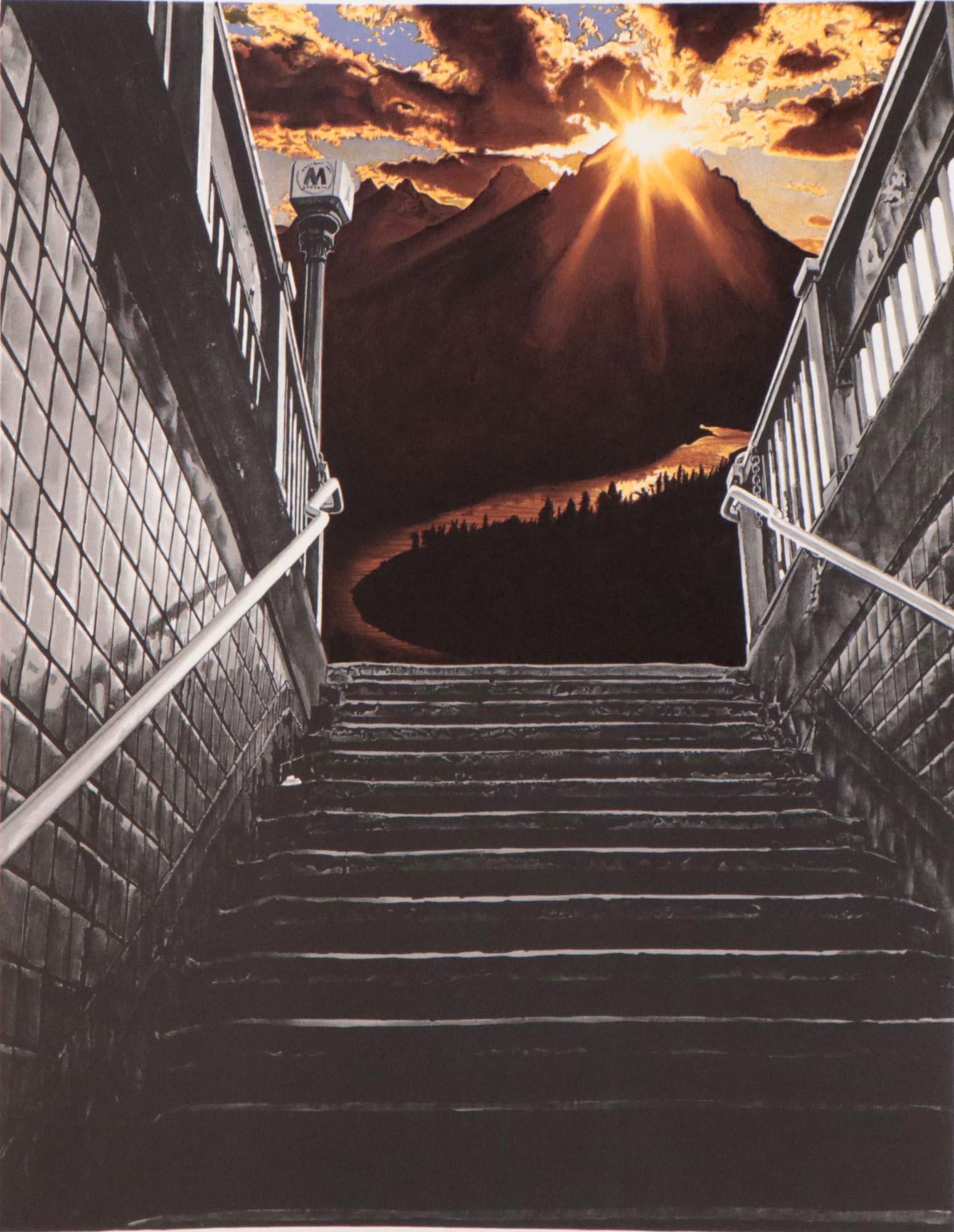 Michael Knigin Color Lithograph "Cityscape with Tetons," 1978