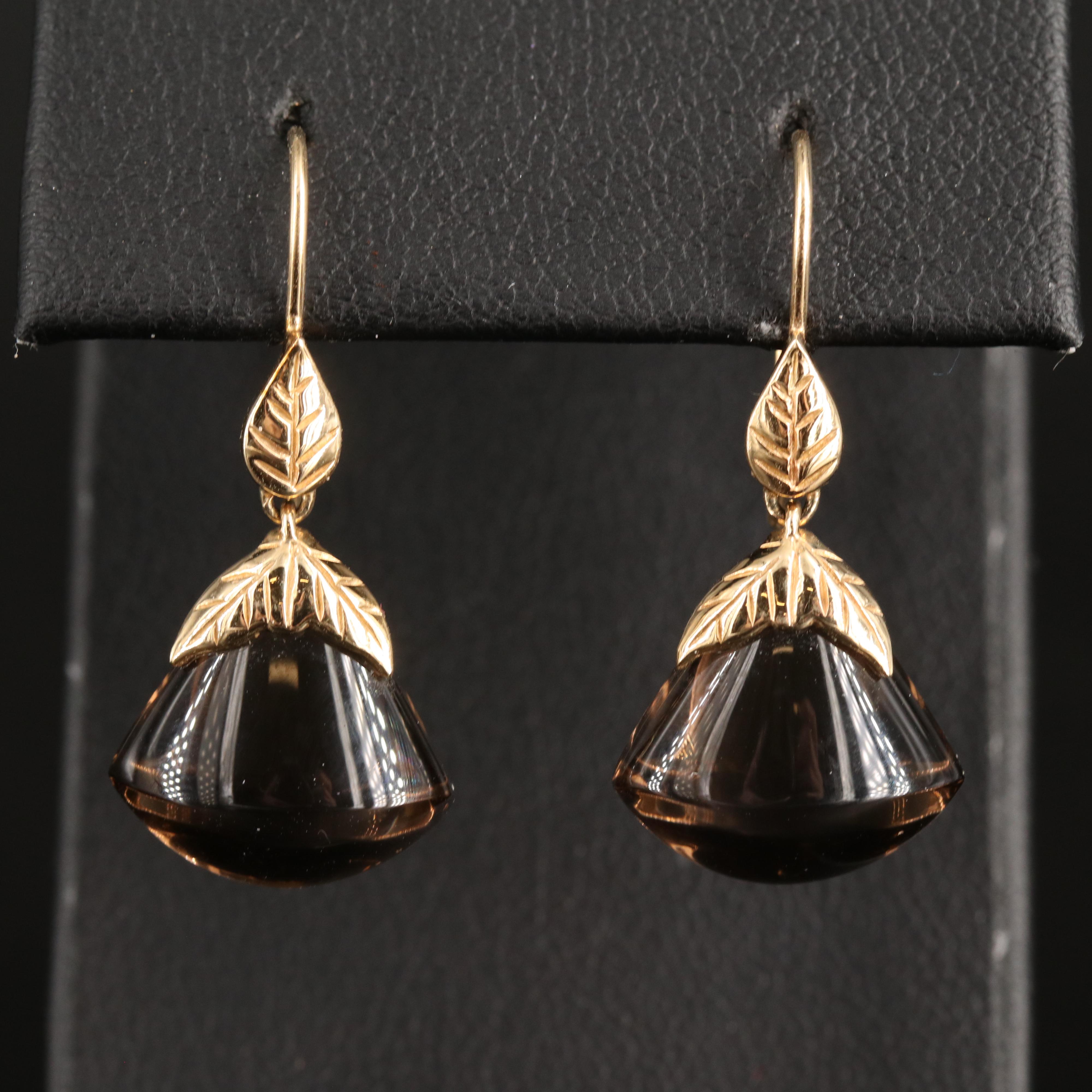 14K Smoky Quartz Earrings with Leaf Details