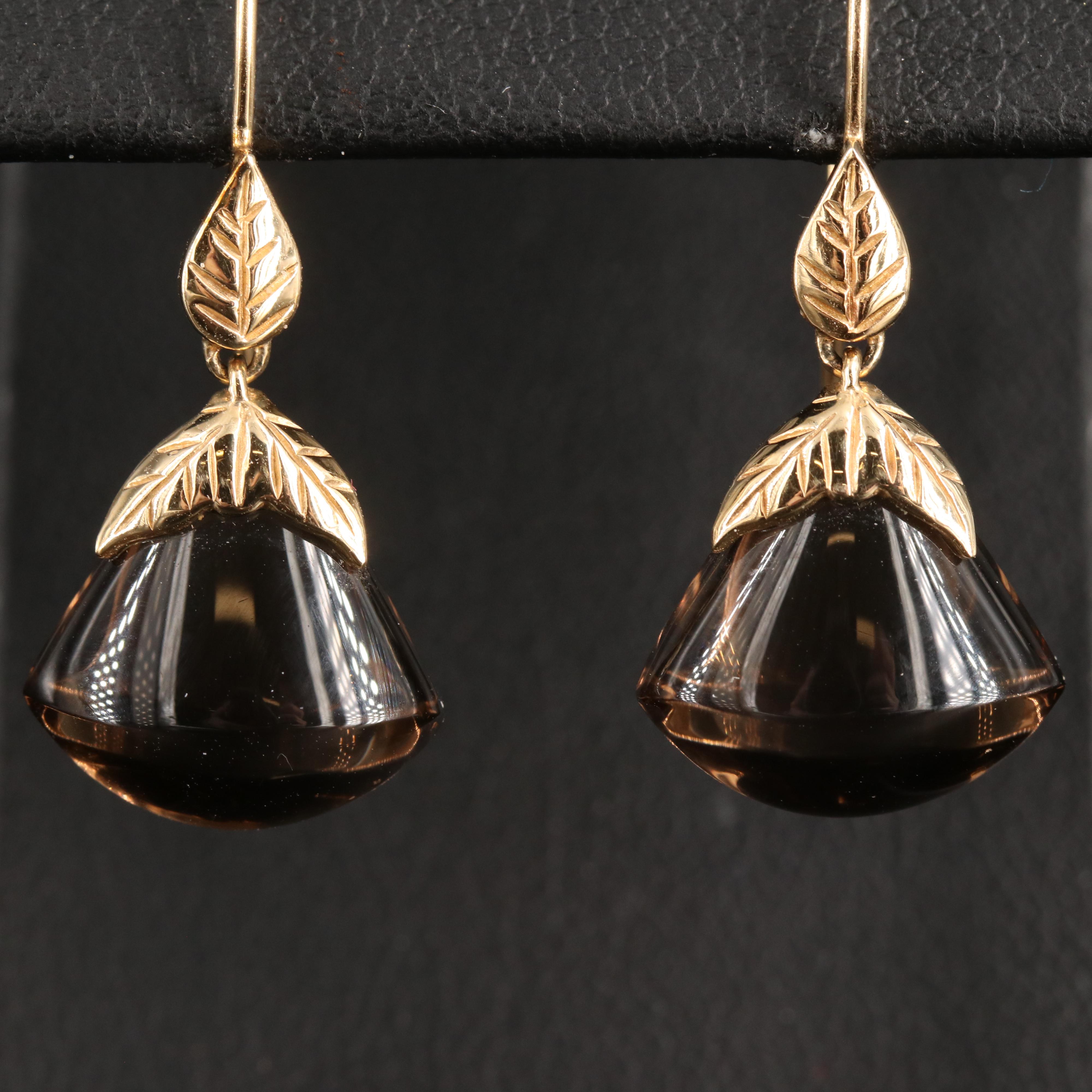 14K Smoky Quartz Earrings with Leaf Details