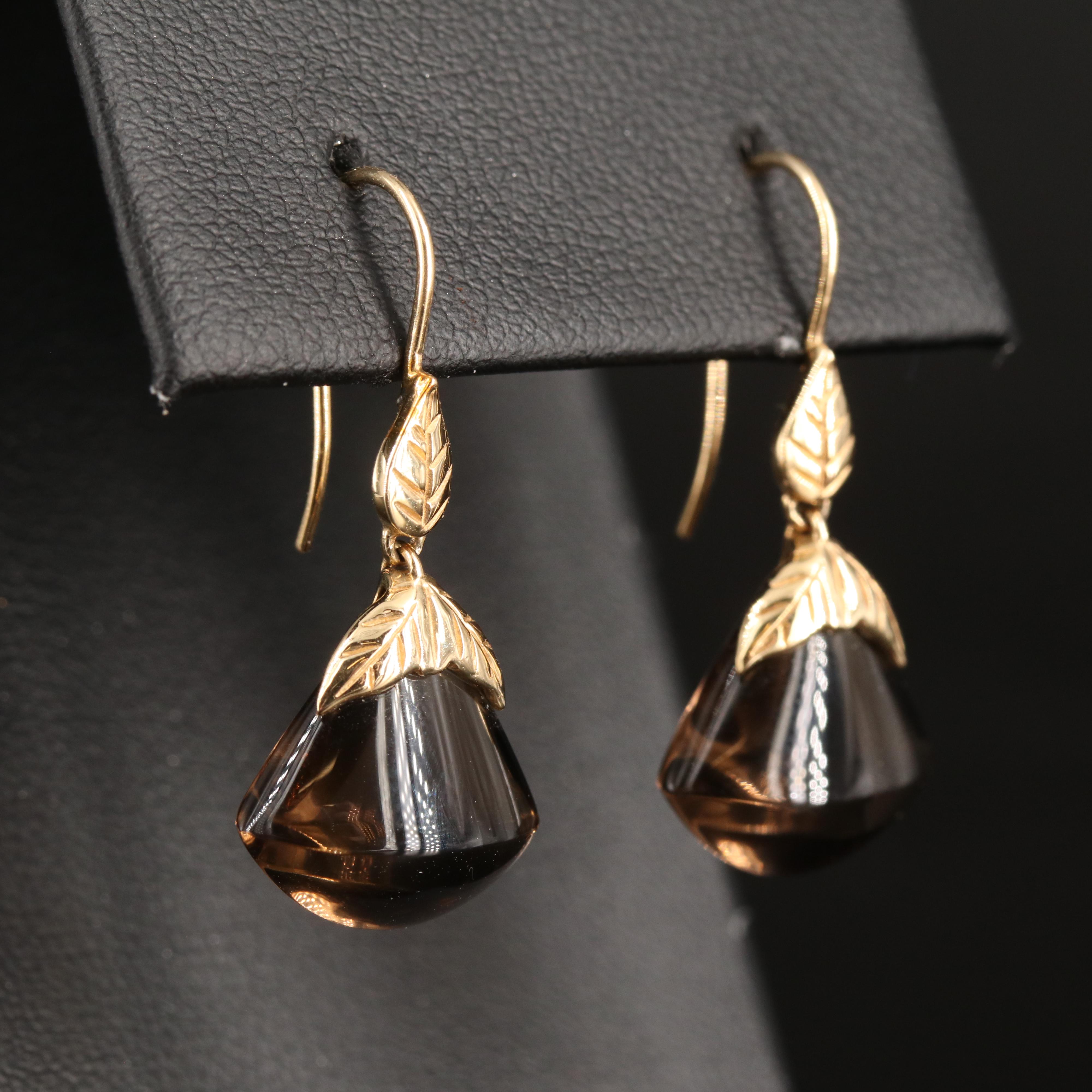 14K Smoky Quartz Earrings with Leaf Details