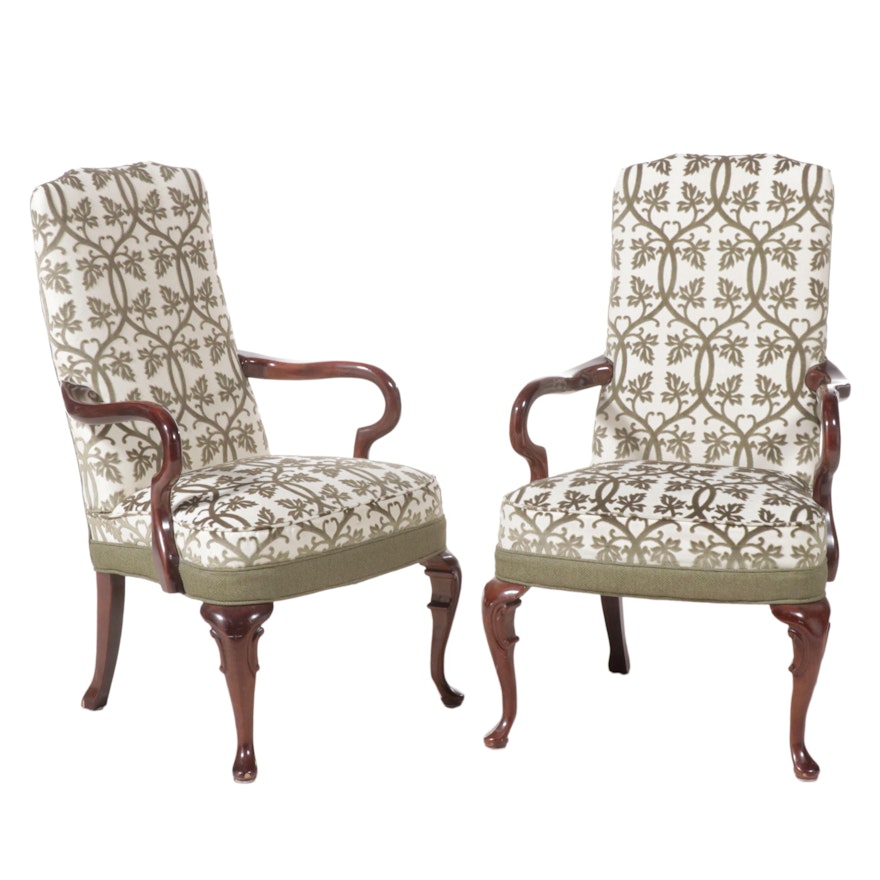 Pair of Queen Anne Style Cherrywood-Stained and Custom-Upholstered Armchairs