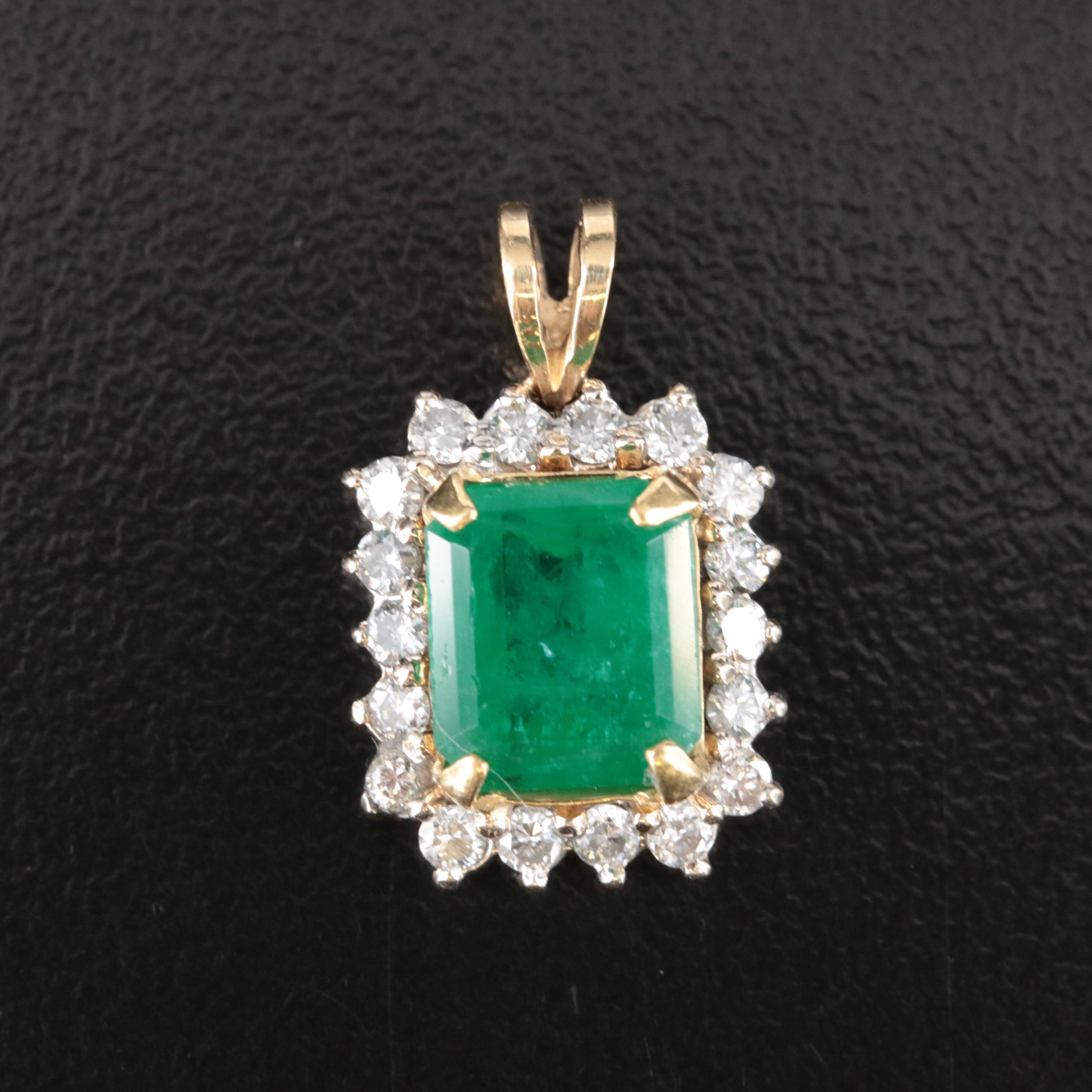 14K 2.77 CT Emerald and Diamond Pendant with 18K Accent