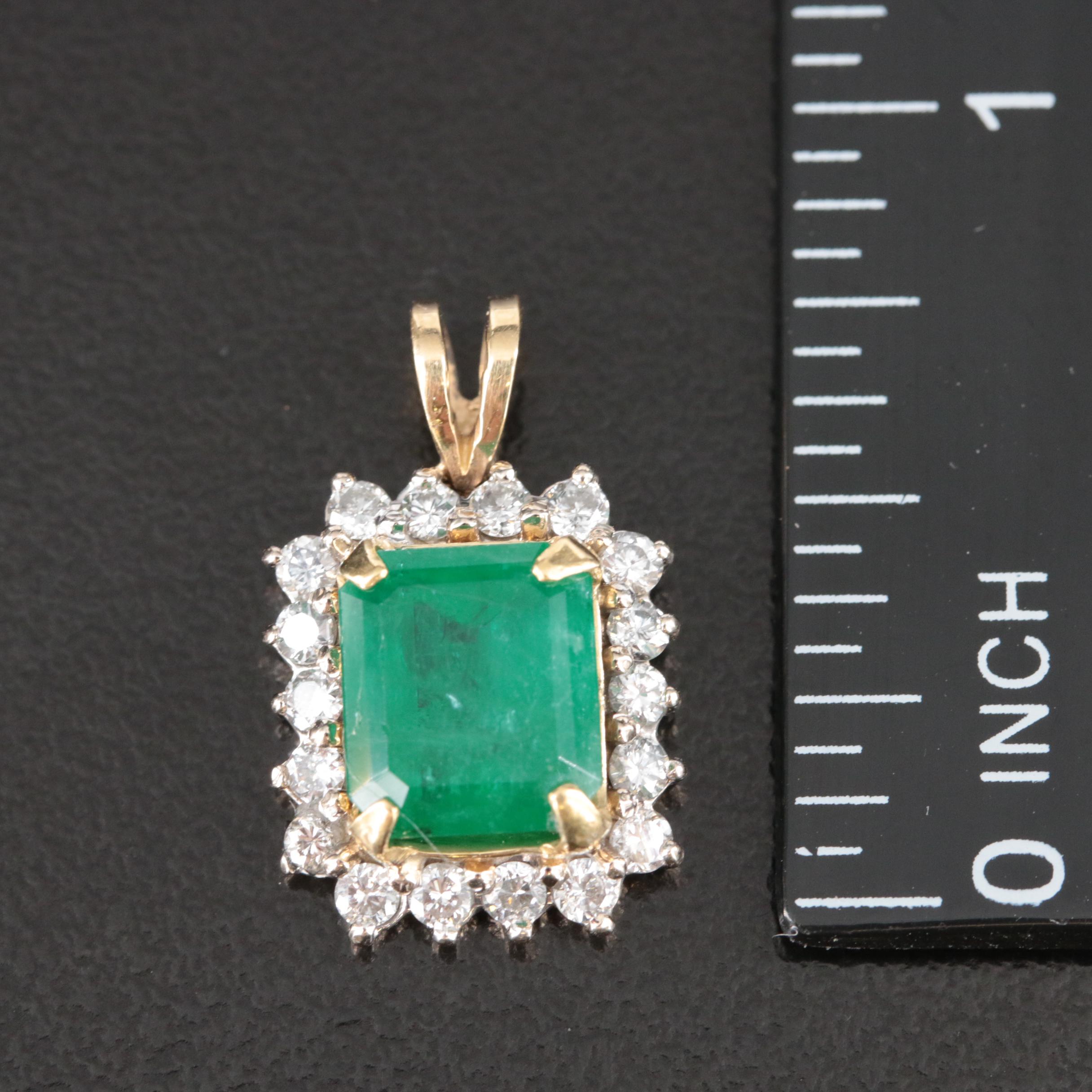 14K 2.77 CT Emerald and Diamond Pendant with 18K Accent