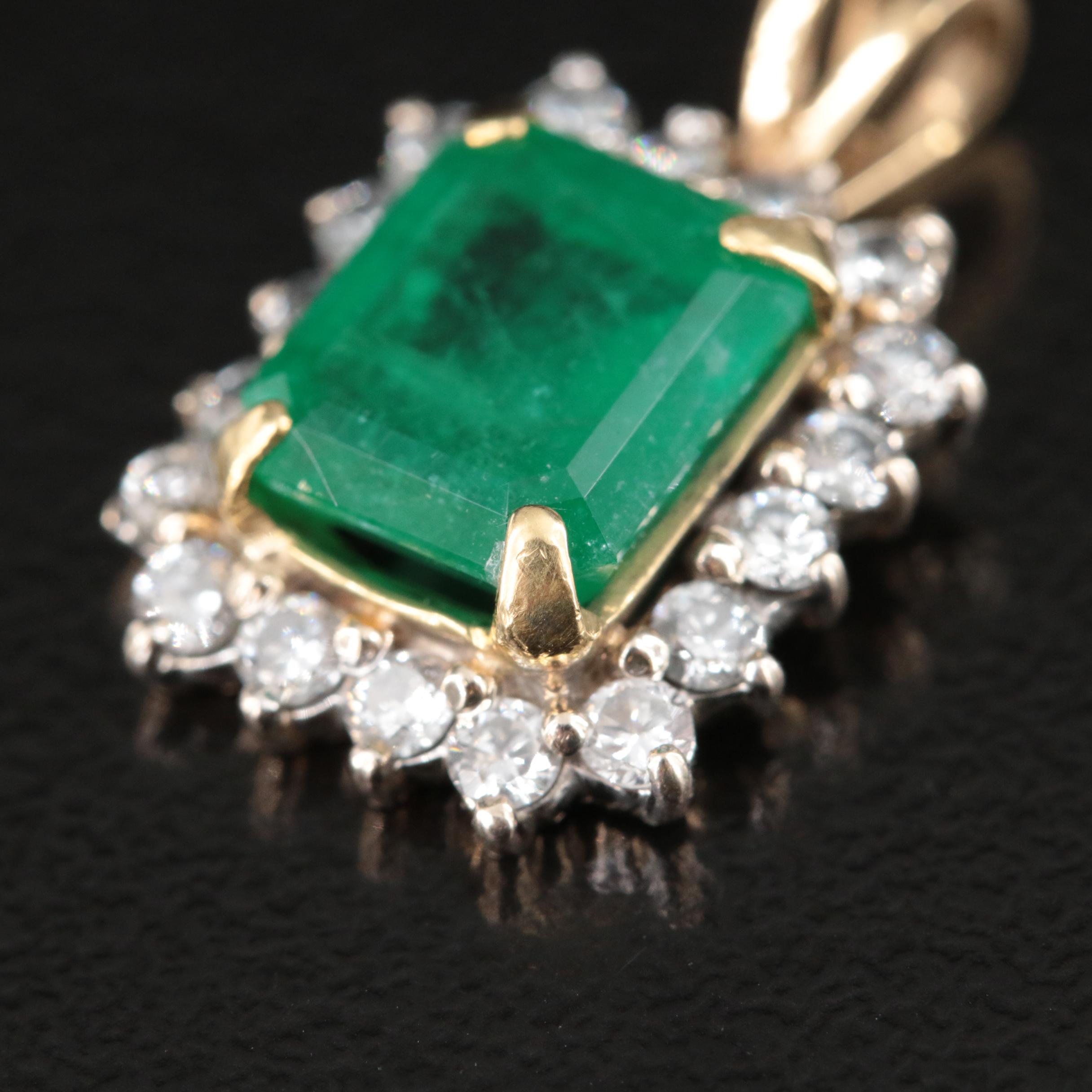 14K 2.77 CT Emerald and Diamond Pendant with 18K Accent