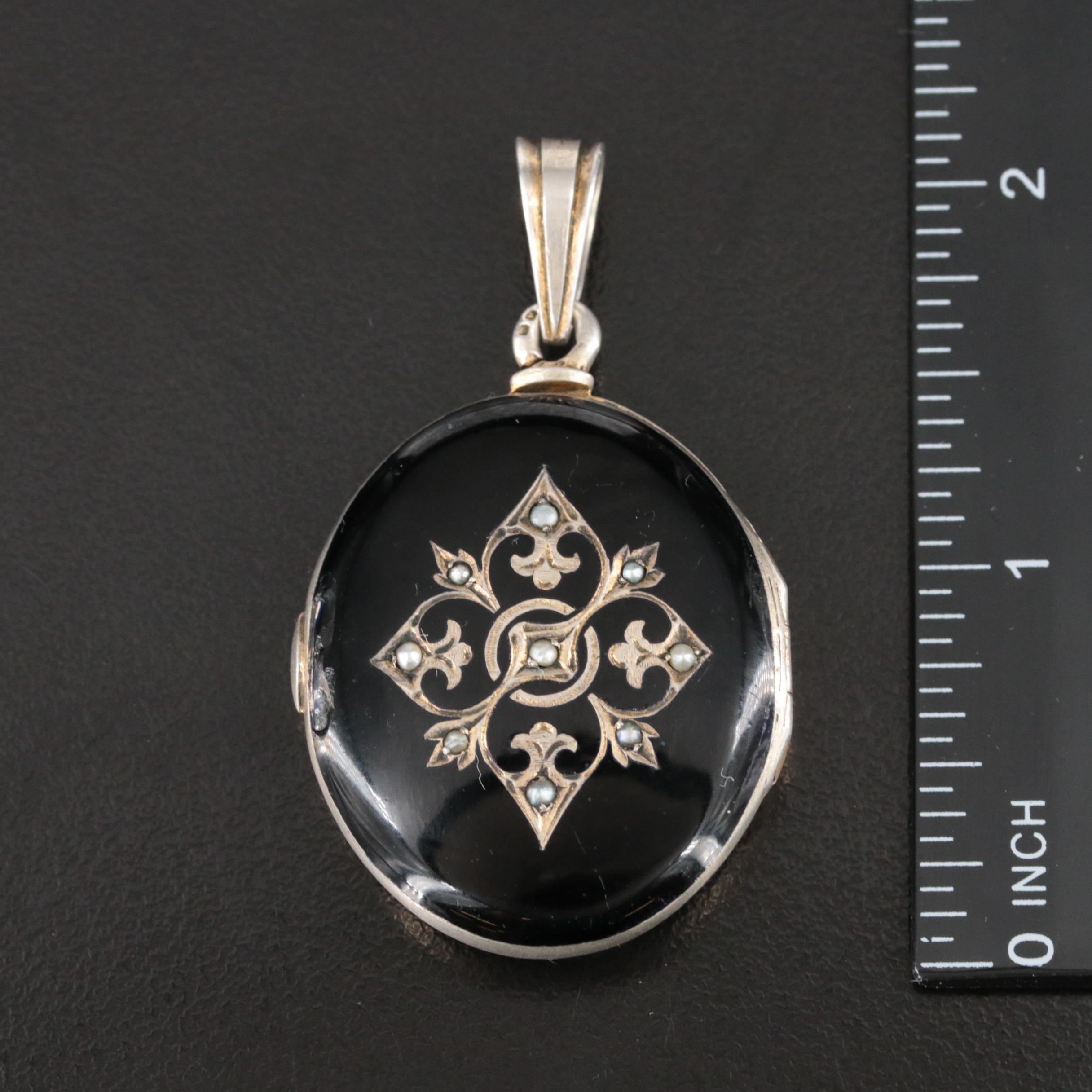 Vintage Sterling Enamel and Seed Pearls Locket Pendant