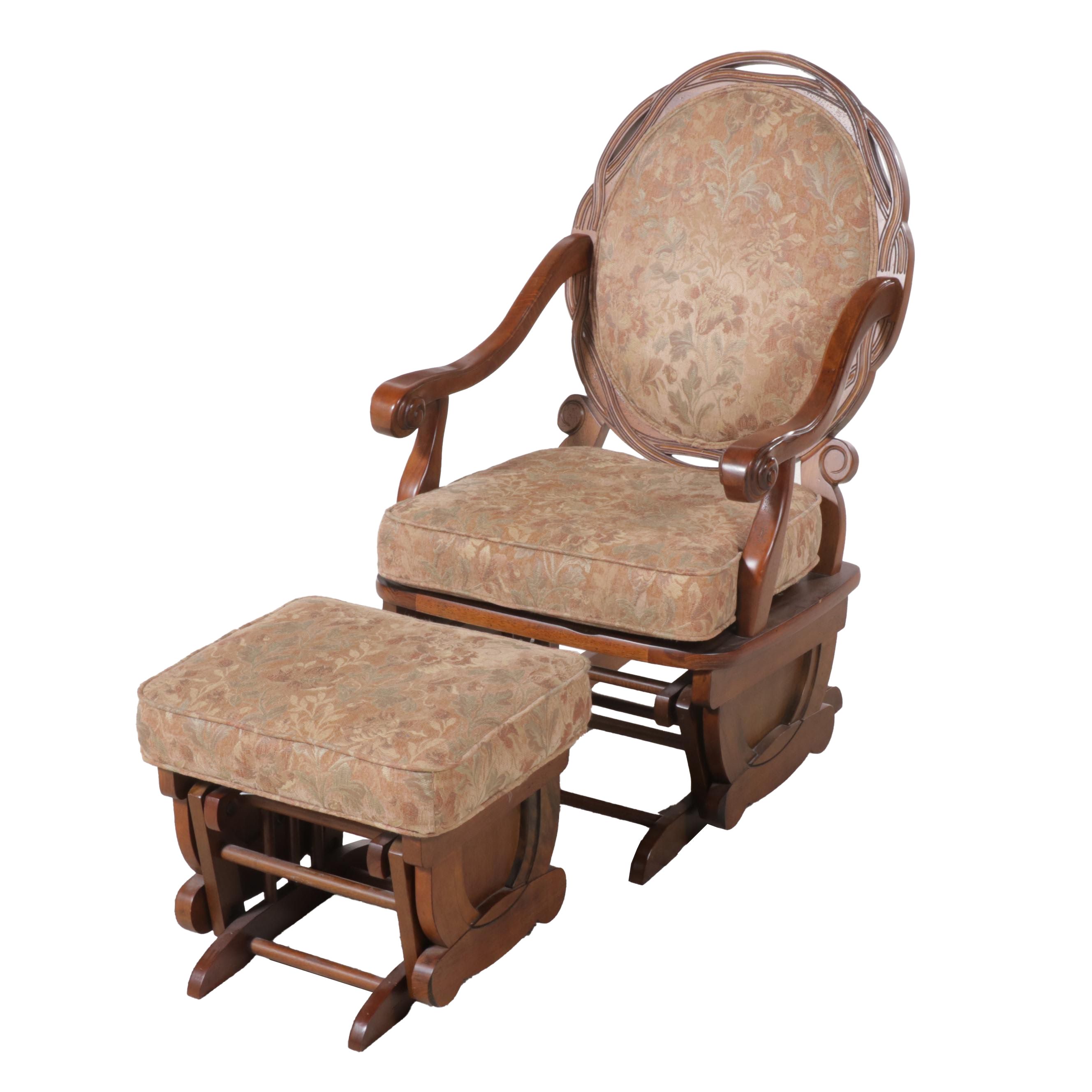 Best Chairs Inc. Custom-Upholstered Hardwood Glider and Ottoman