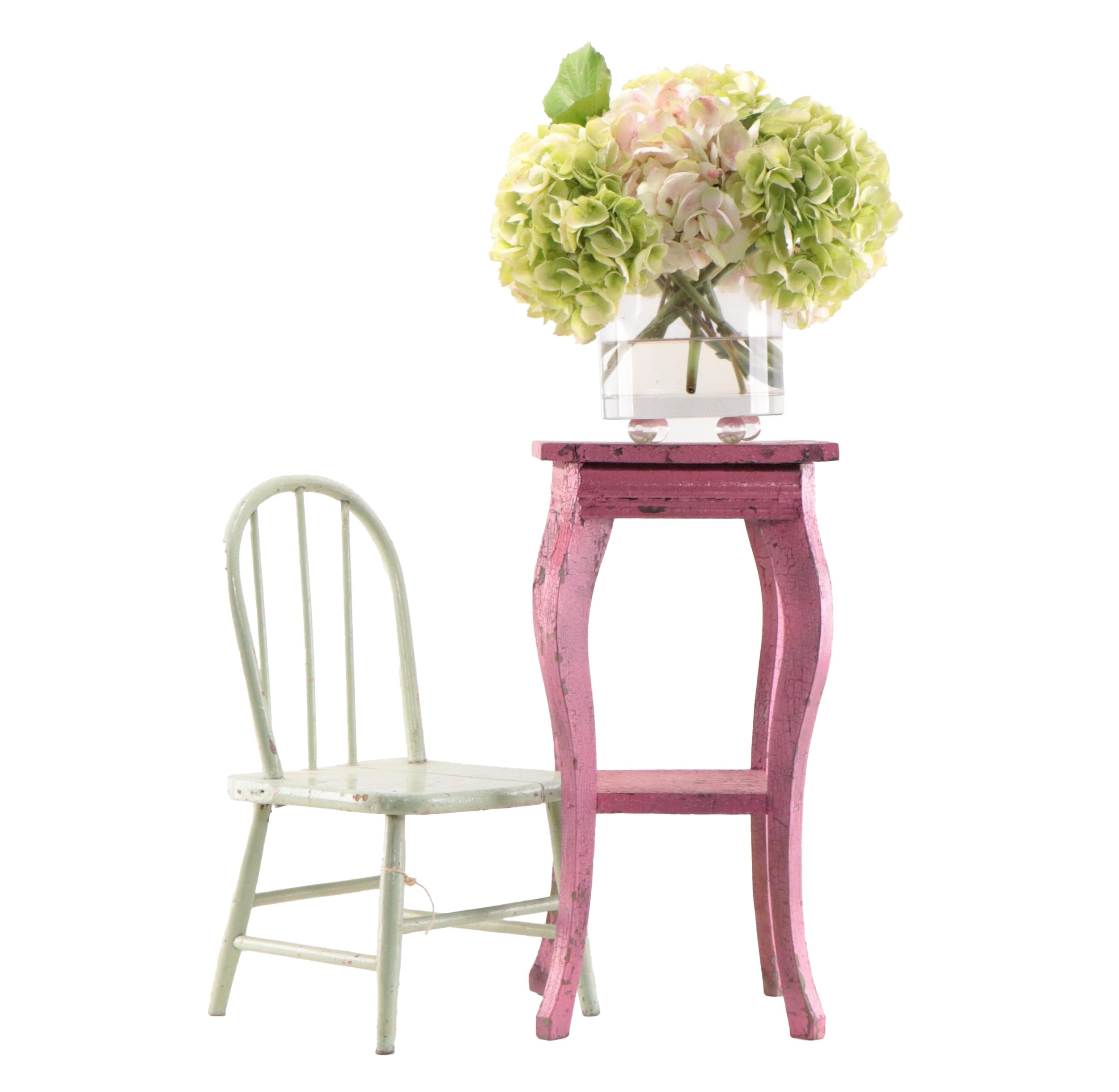 Hand-Painted Wood Child's Chair, End Table, and Faux Floral Vase