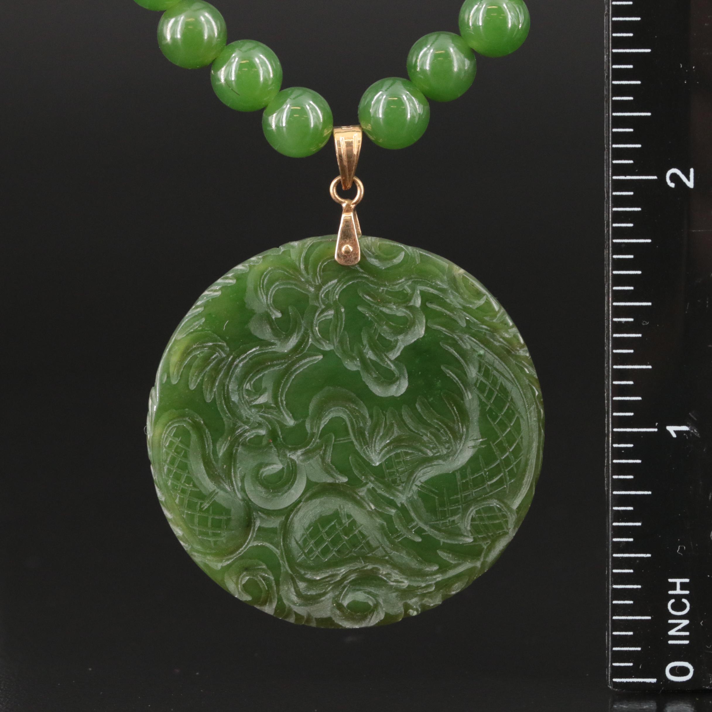 14K Aventurine Stud Earrings and Nephrite Phoenix and Dragon Necklace