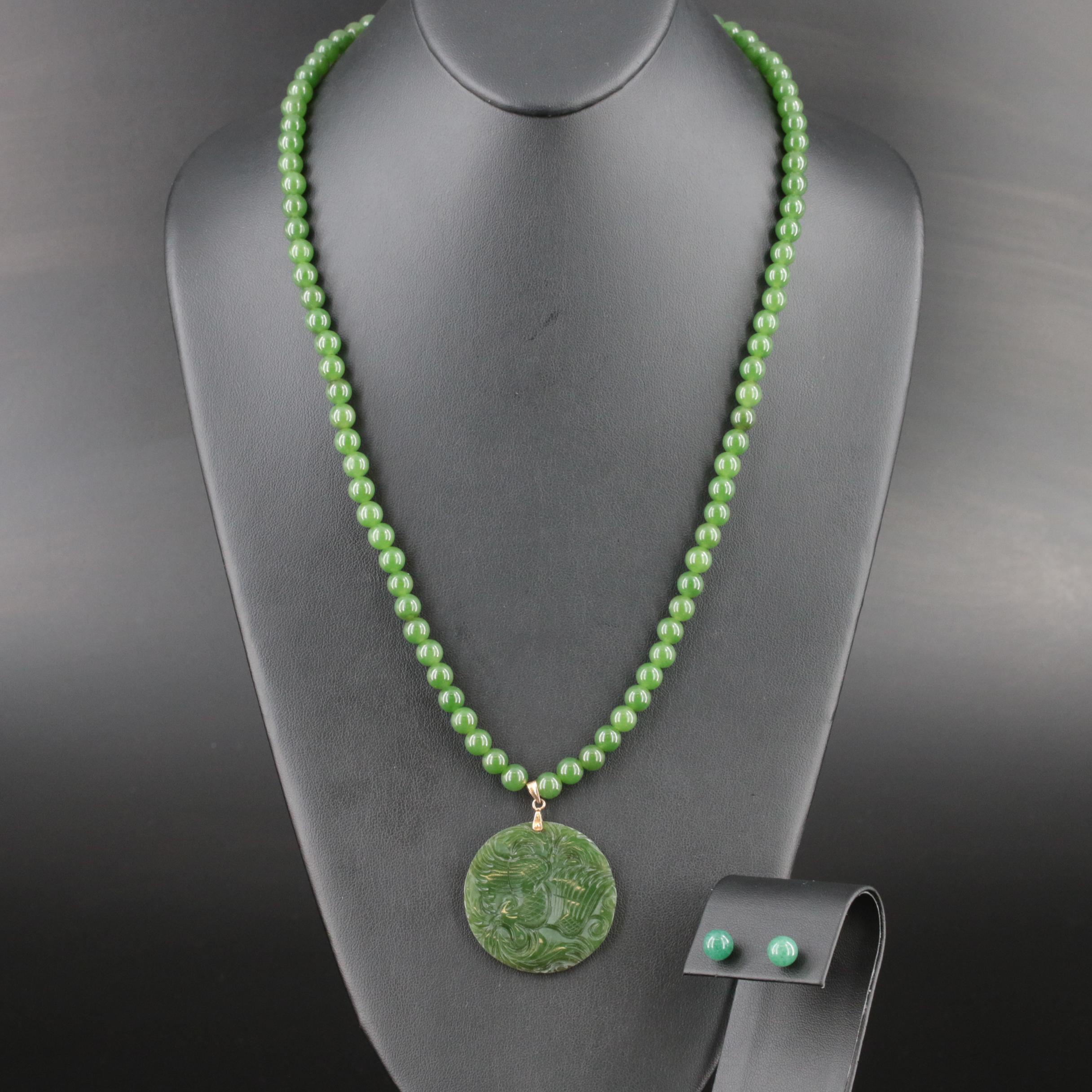 14K Aventurine Stud Earrings and Nephrite Phoenix and Dragon Necklace