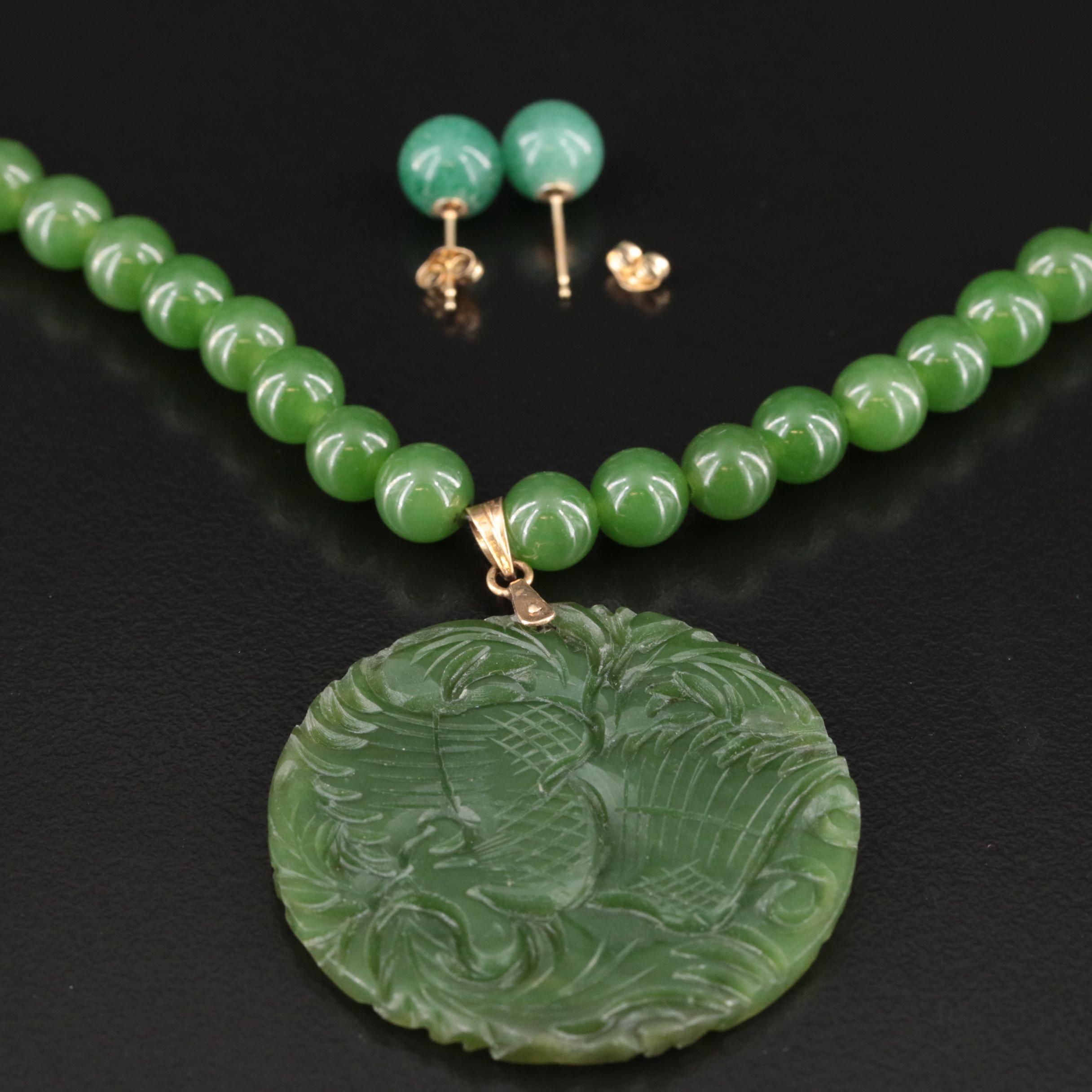 14K Aventurine Stud Earrings and Nephrite Phoenix and Dragon Necklace