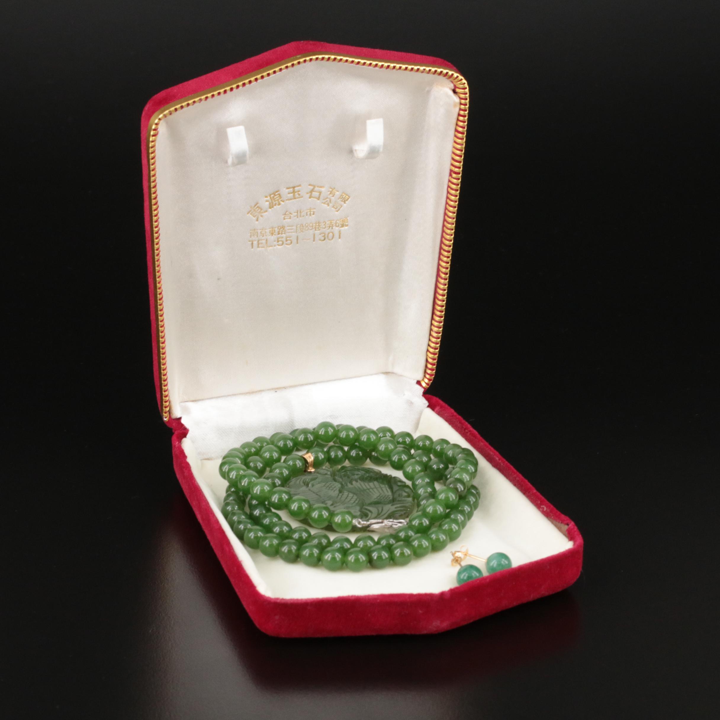 14K Aventurine Stud Earrings and Nephrite Phoenix and Dragon Necklace