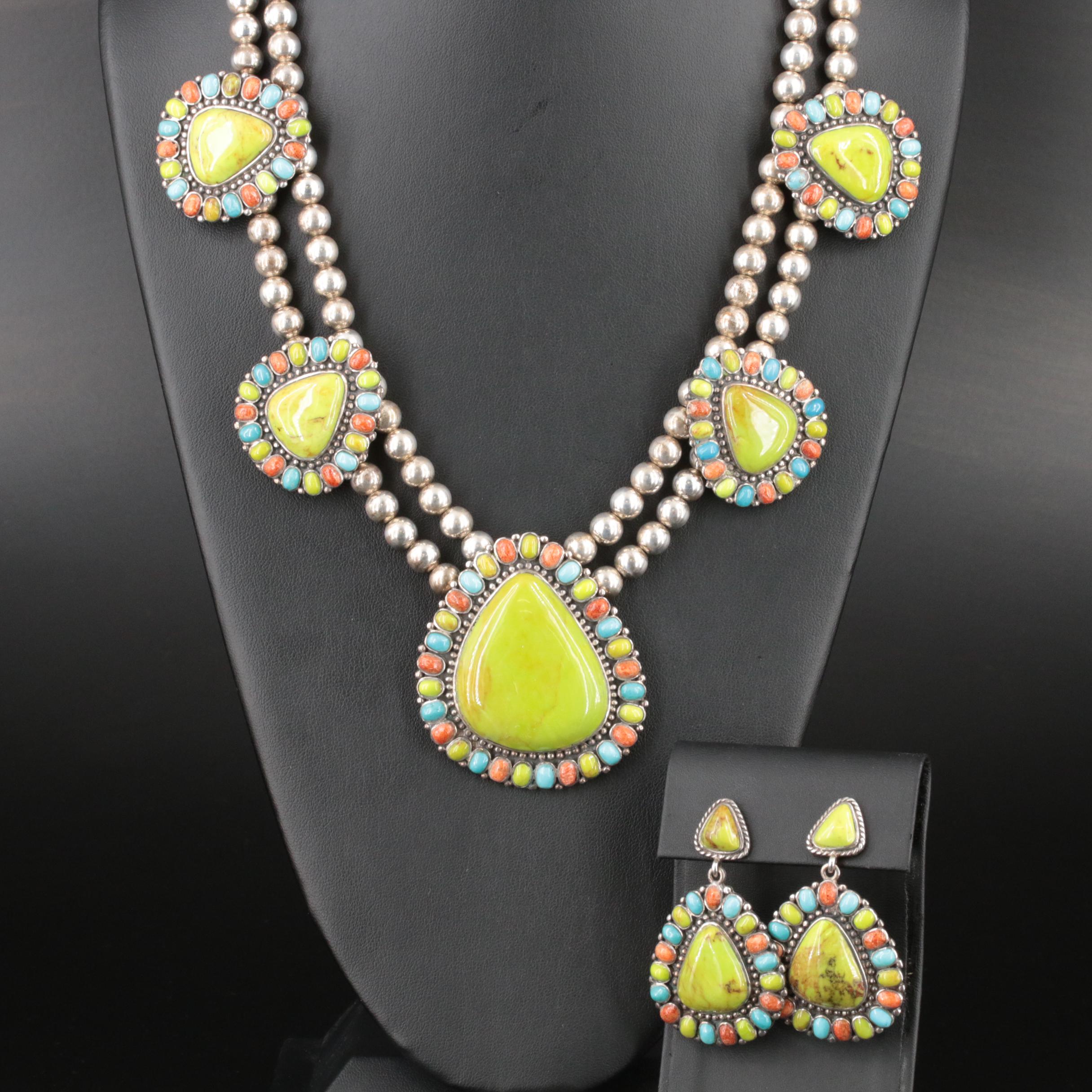 Signed Southwestern Gaspeite, Turquoise and Coral Necklace and Earring Set