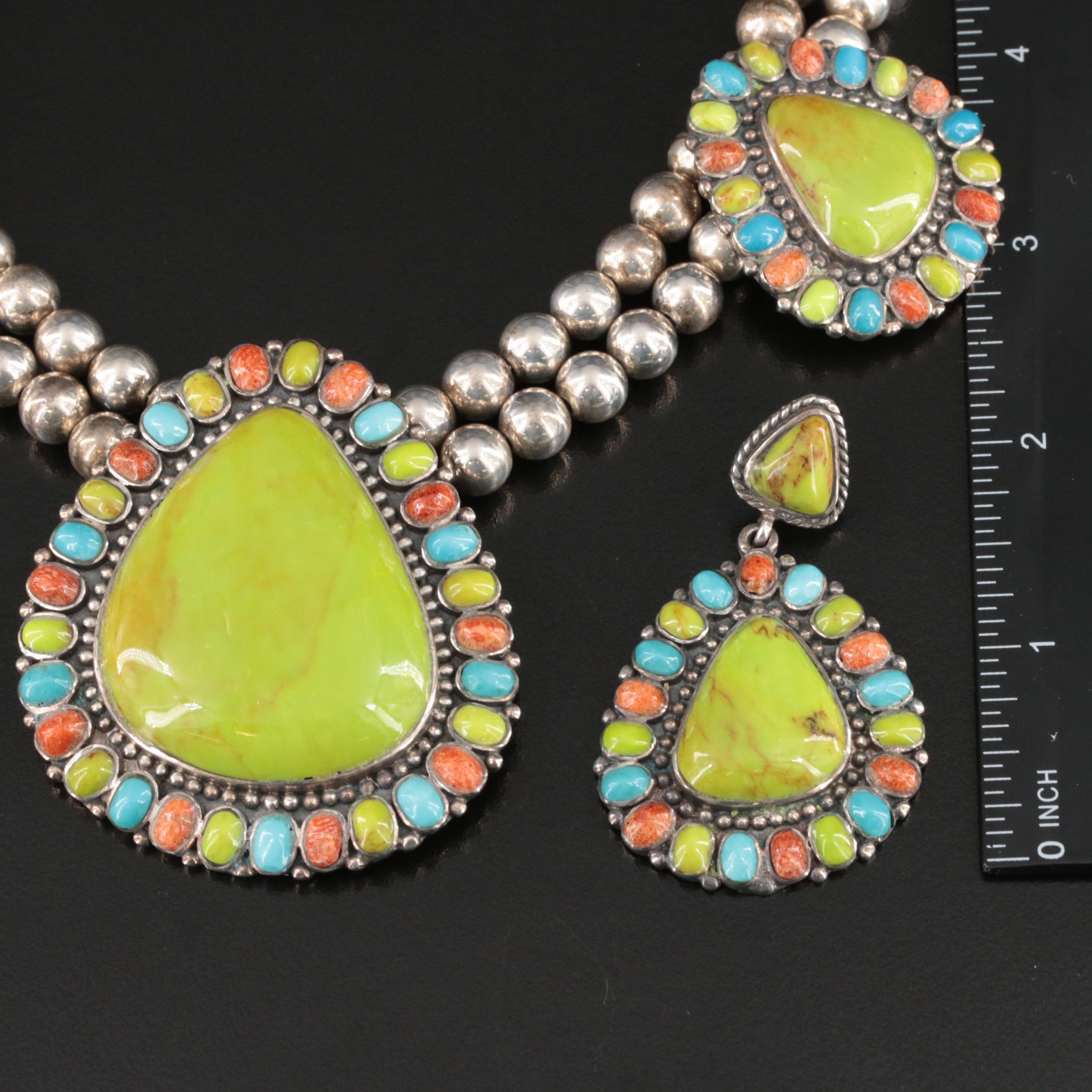 Signed Southwestern Gaspeite, Turquoise and Coral Necklace and Earring Set