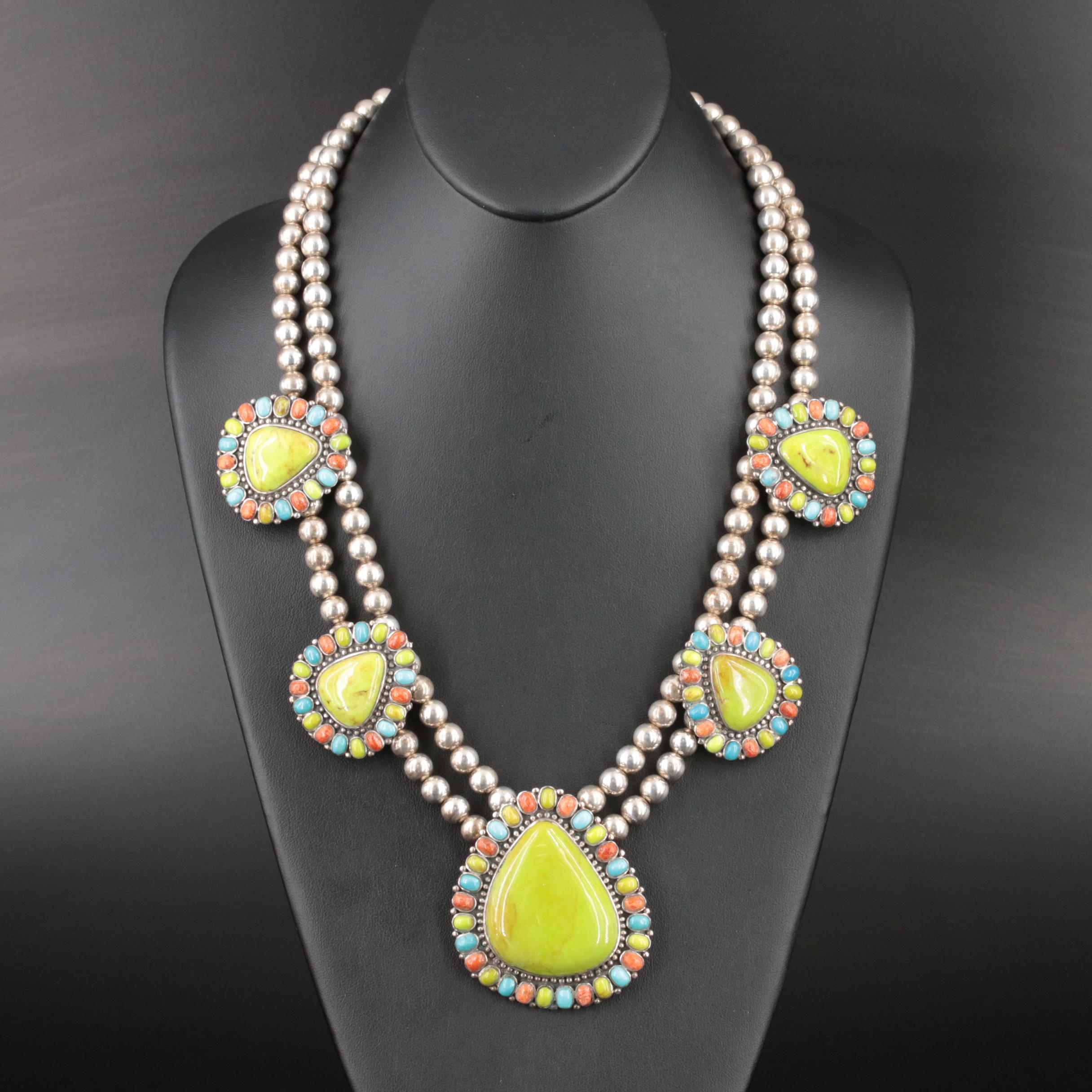 Signed Southwestern Gaspeite, Turquoise and Coral Necklace and Earring Set