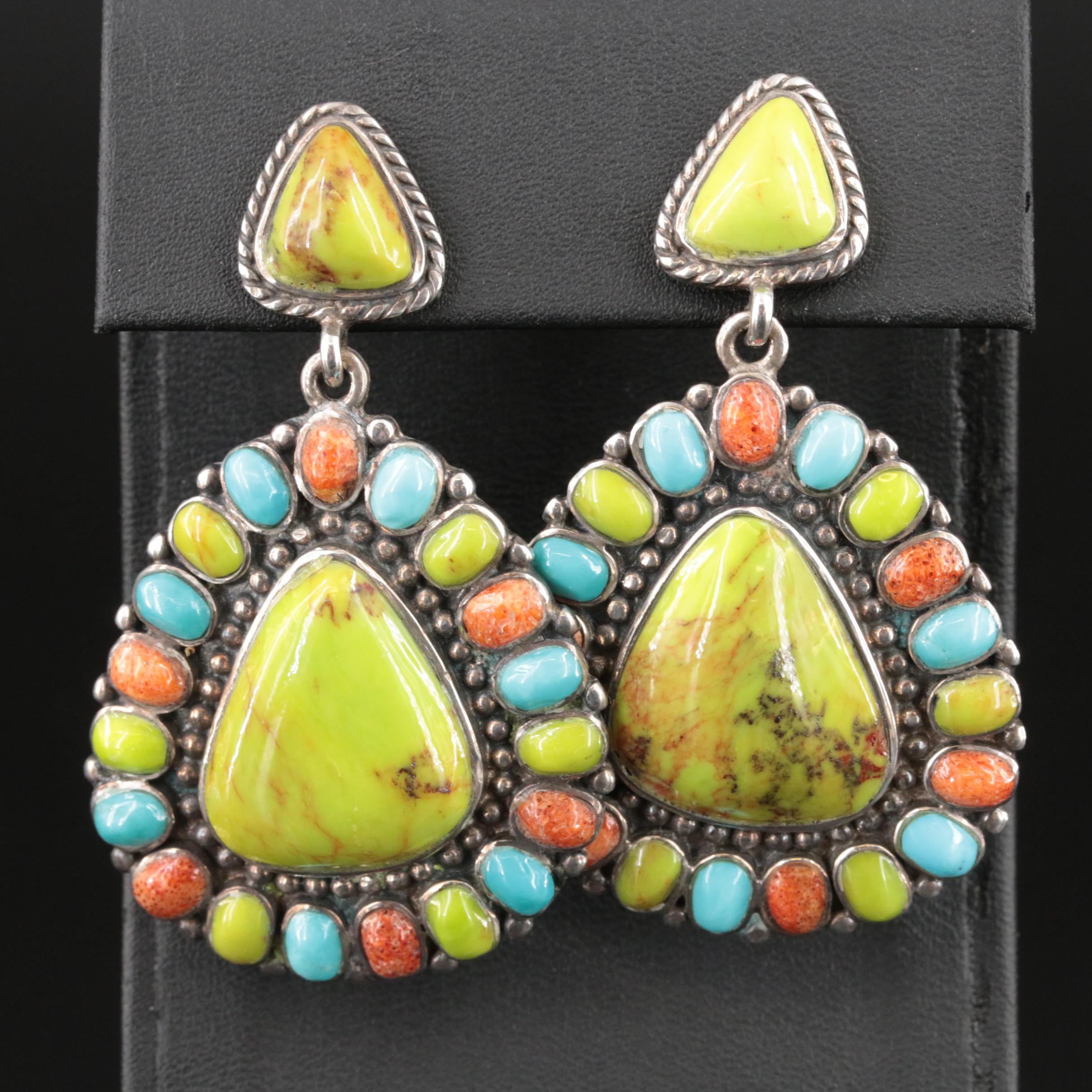 Signed Southwestern Gaspeite, Turquoise and Coral Necklace and Earring Set