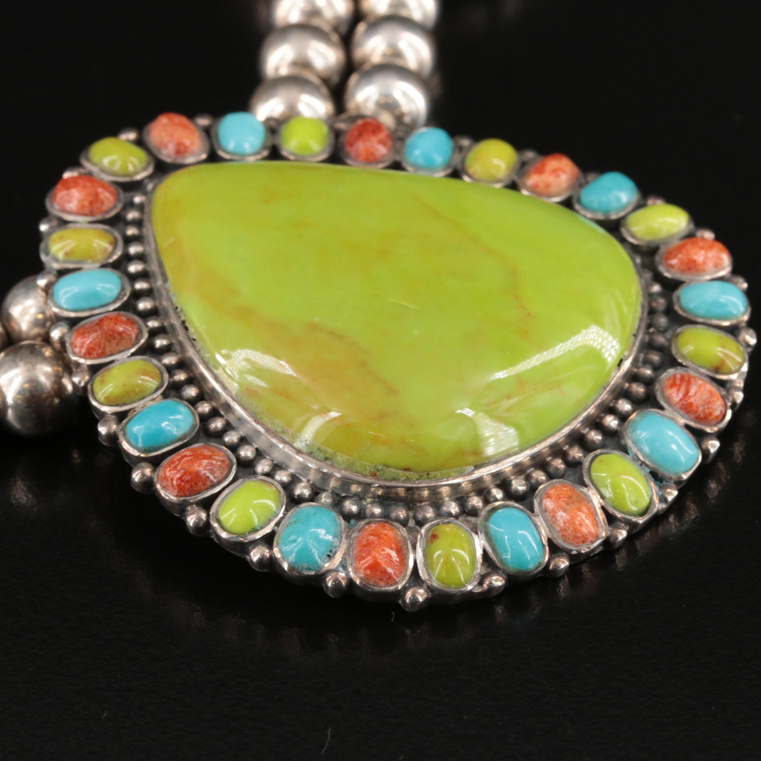 Signed Southwestern Gaspeite, Turquoise and Coral Necklace and Earring Set