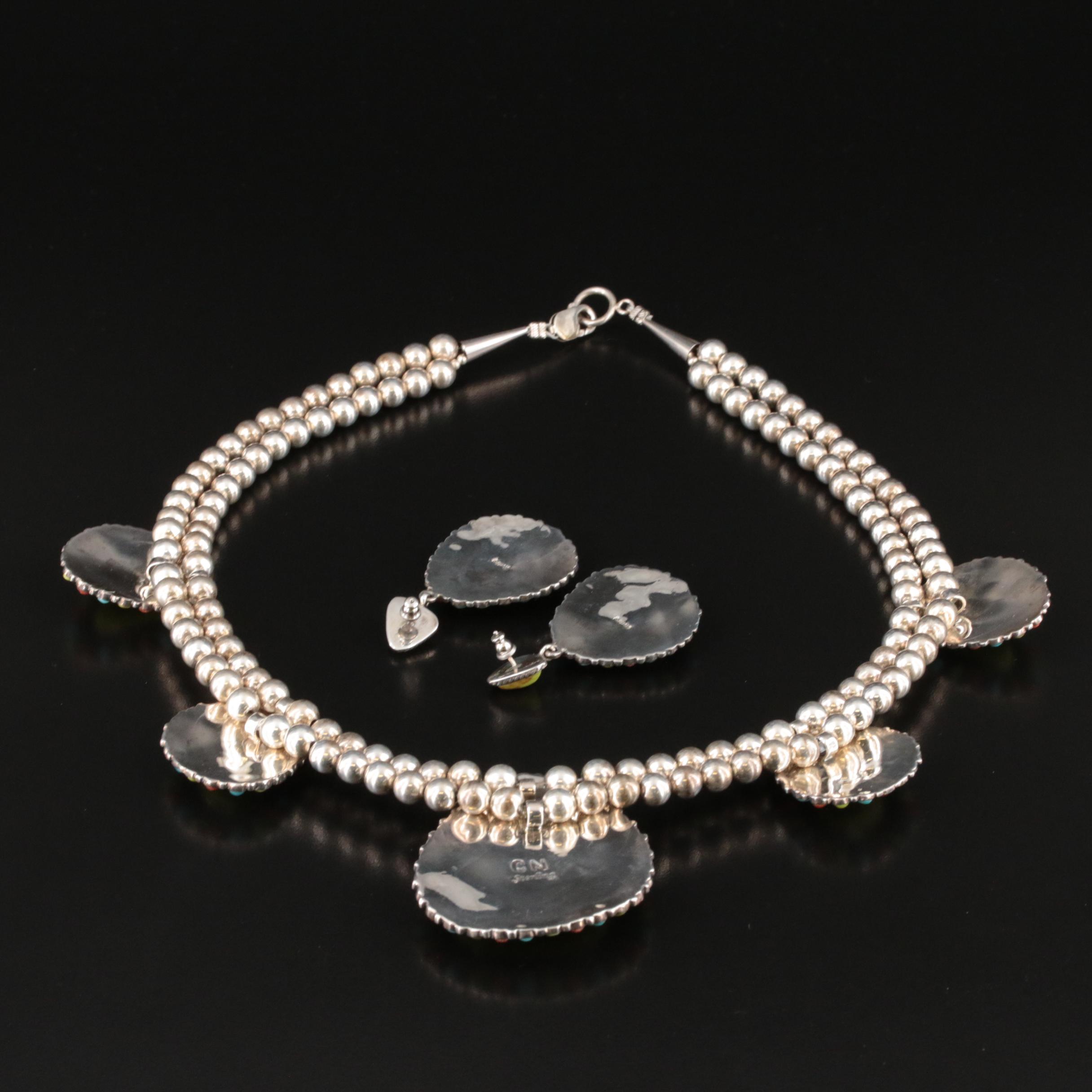 Signed Southwestern Gaspeite, Turquoise and Coral Necklace and Earring Set