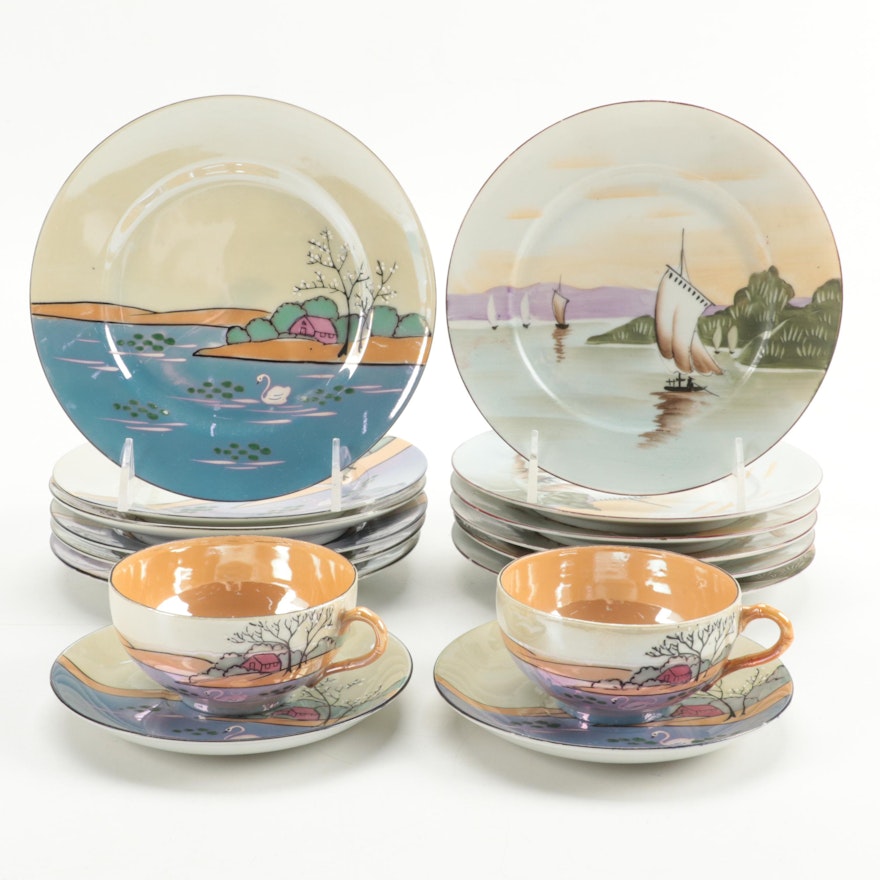 Nippon Porcelain Ship Plates with Other Japanese Lusterware, Early to Mid-20th C