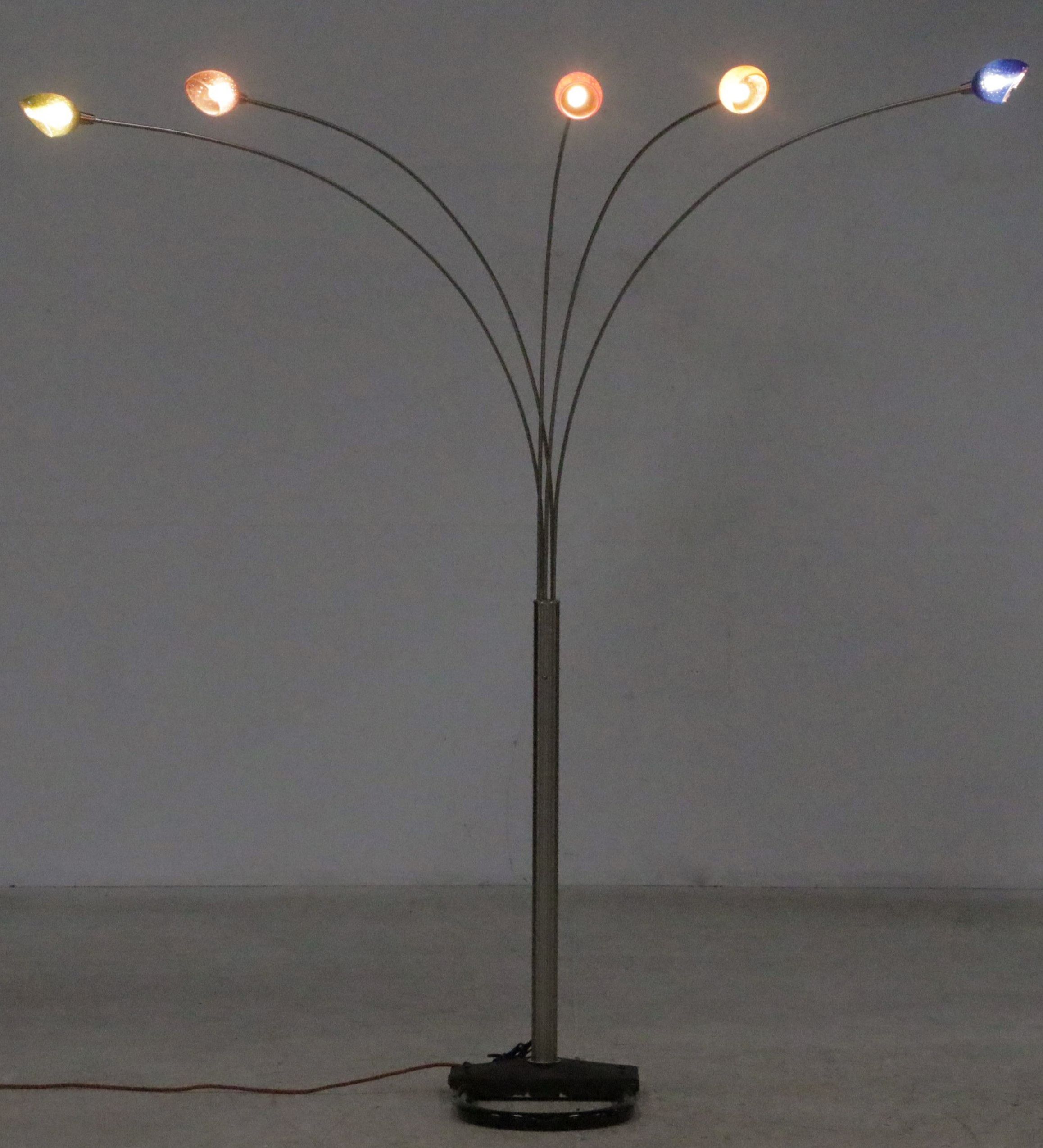 Modernist Style Brushed Metal Five-Light Arc Floor Lamp w/ Colored Glass Shades
