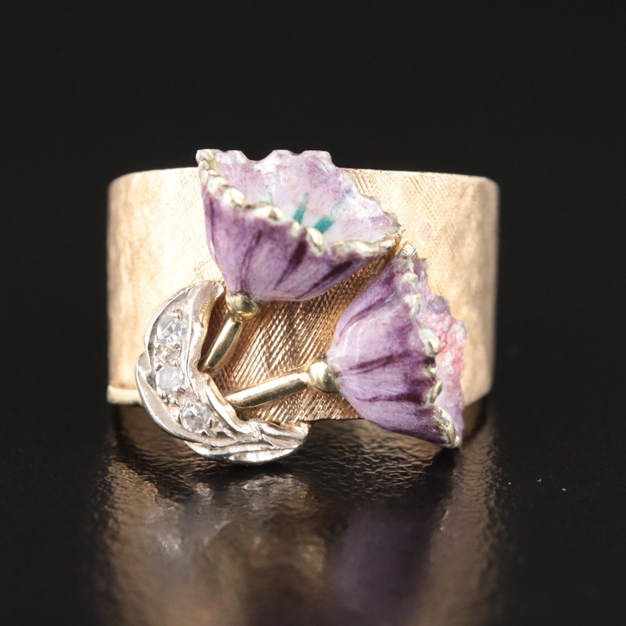 1950s 14K 0.04 CTW Diamond and Enamel Floral Ring