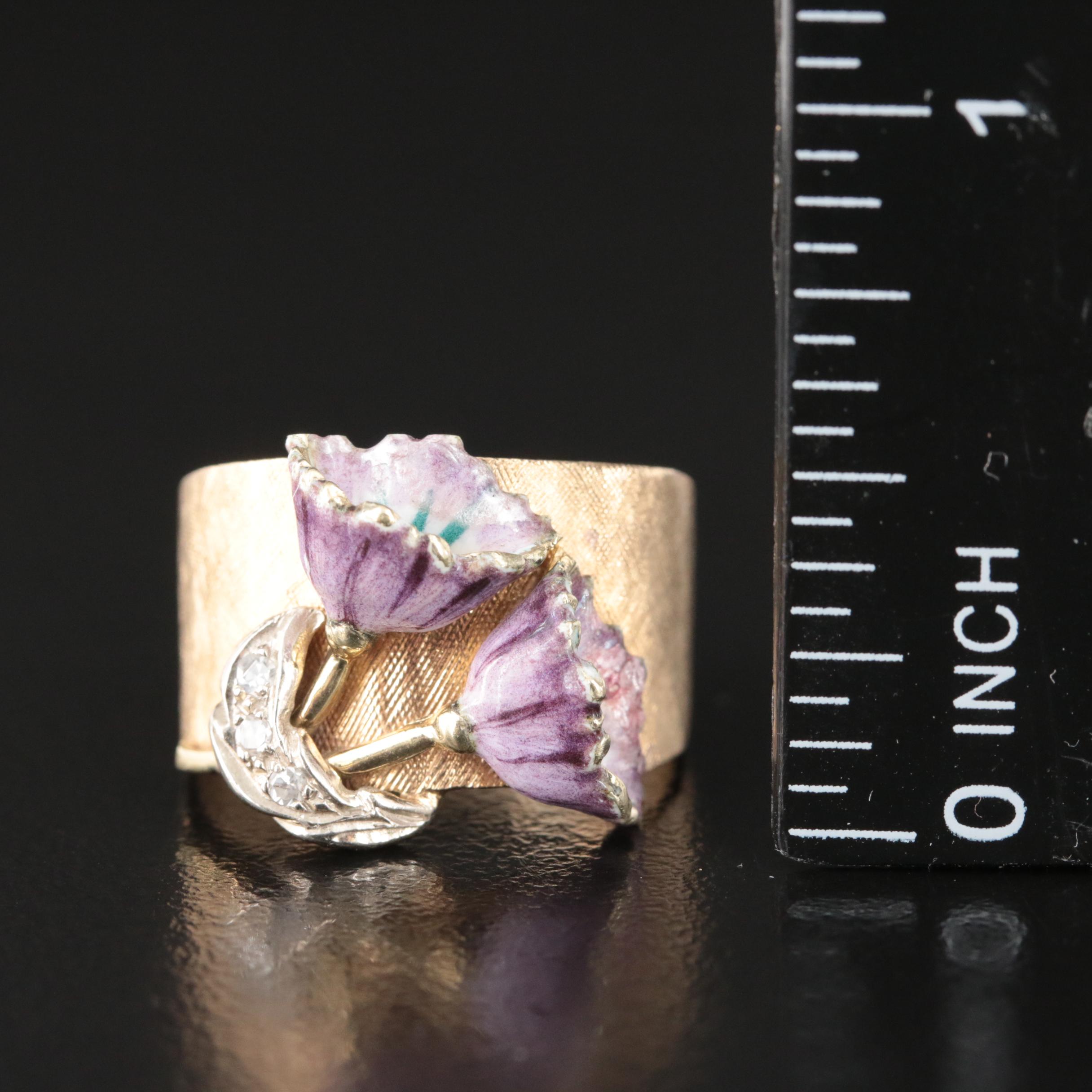 1950s 14K 0.04 CTW Diamond and Enamel Floral Ring