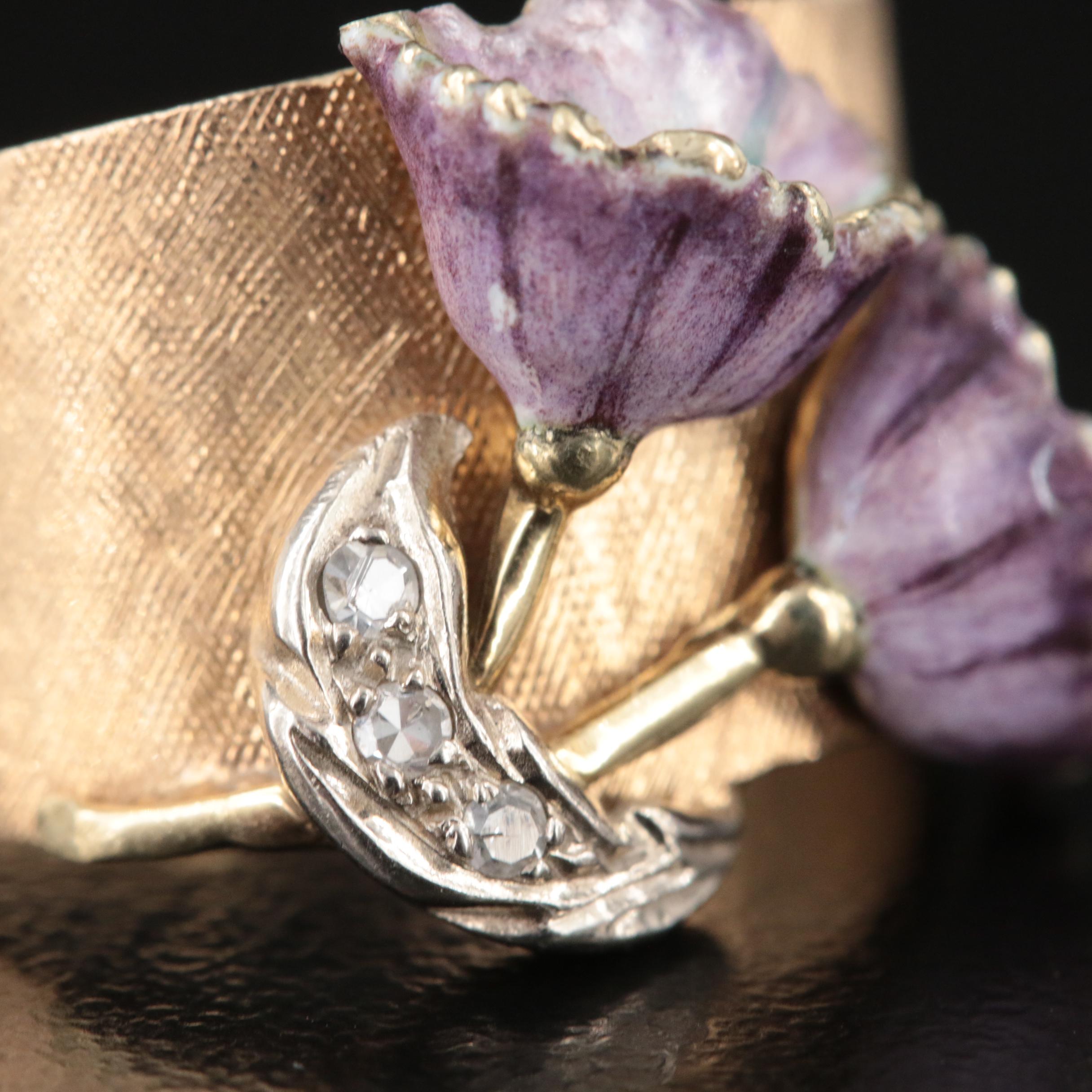 1950s 14K 0.04 CTW Diamond and Enamel Floral Ring