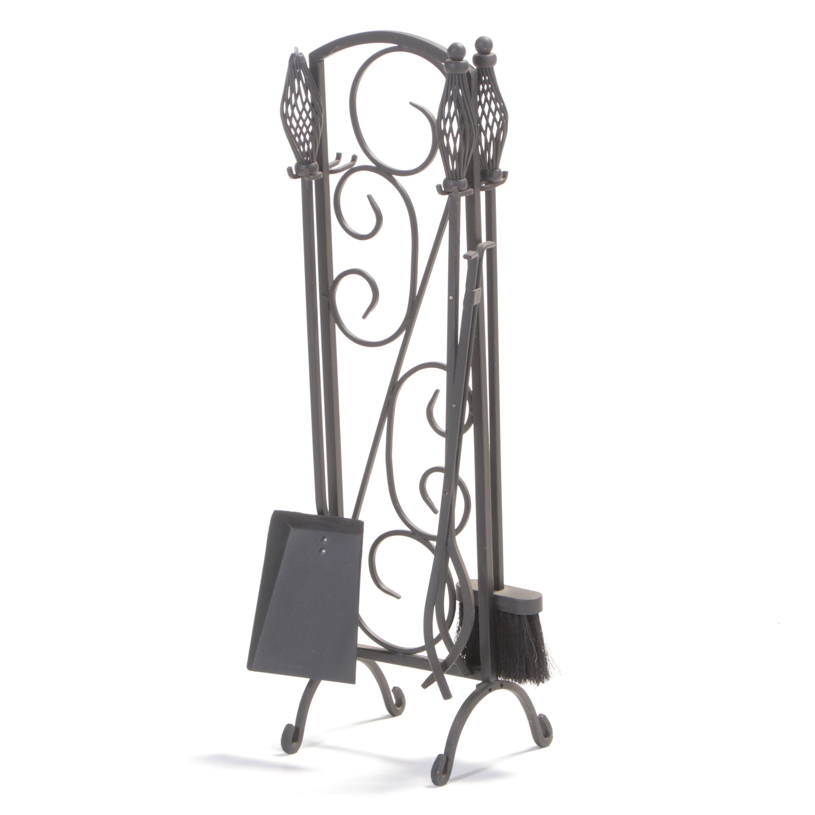 Three-Piece Iron Fireplace Tool Set on Stand