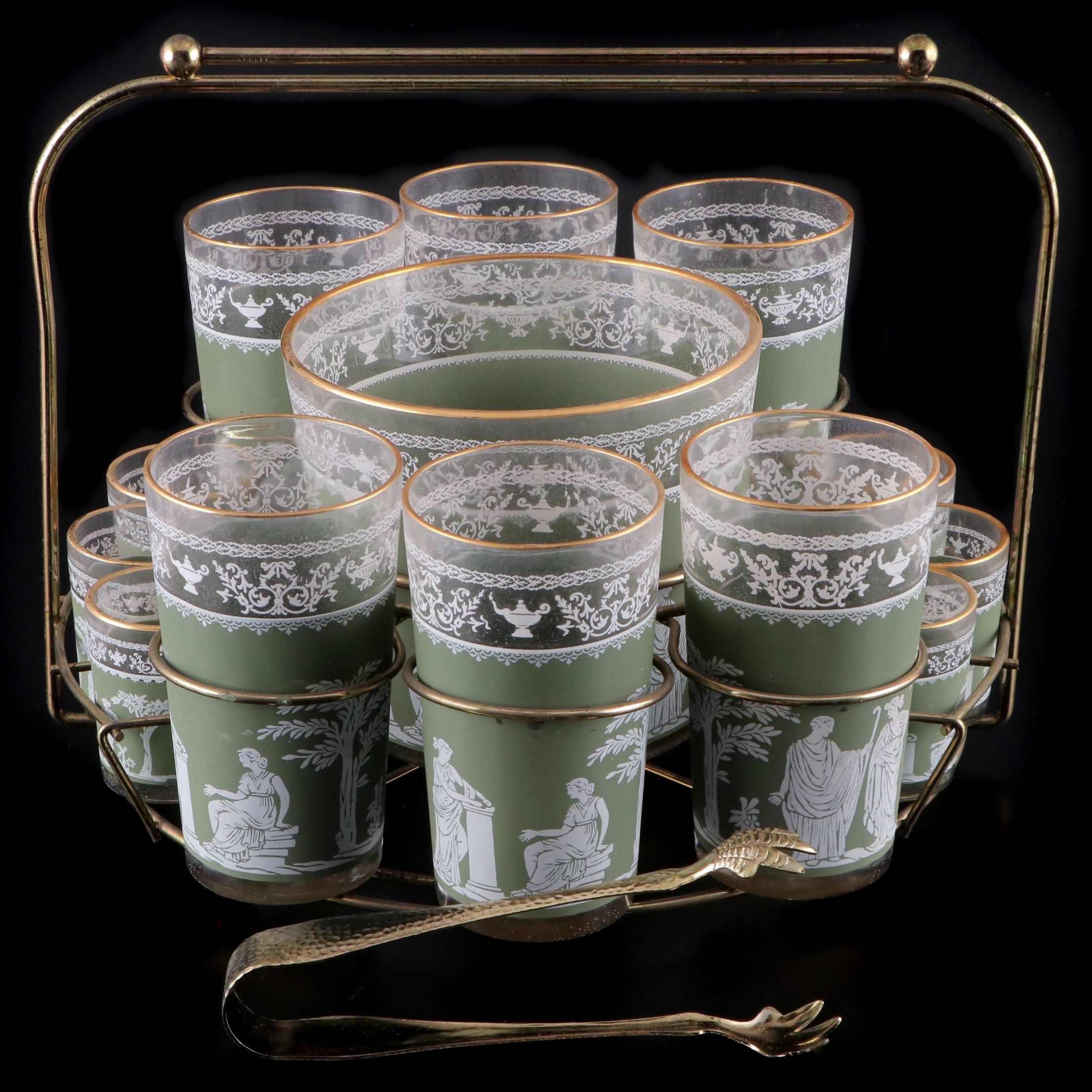 Jeannette "Hellenic Green" Glass Drinkware with Caddy, Mid-20th Century