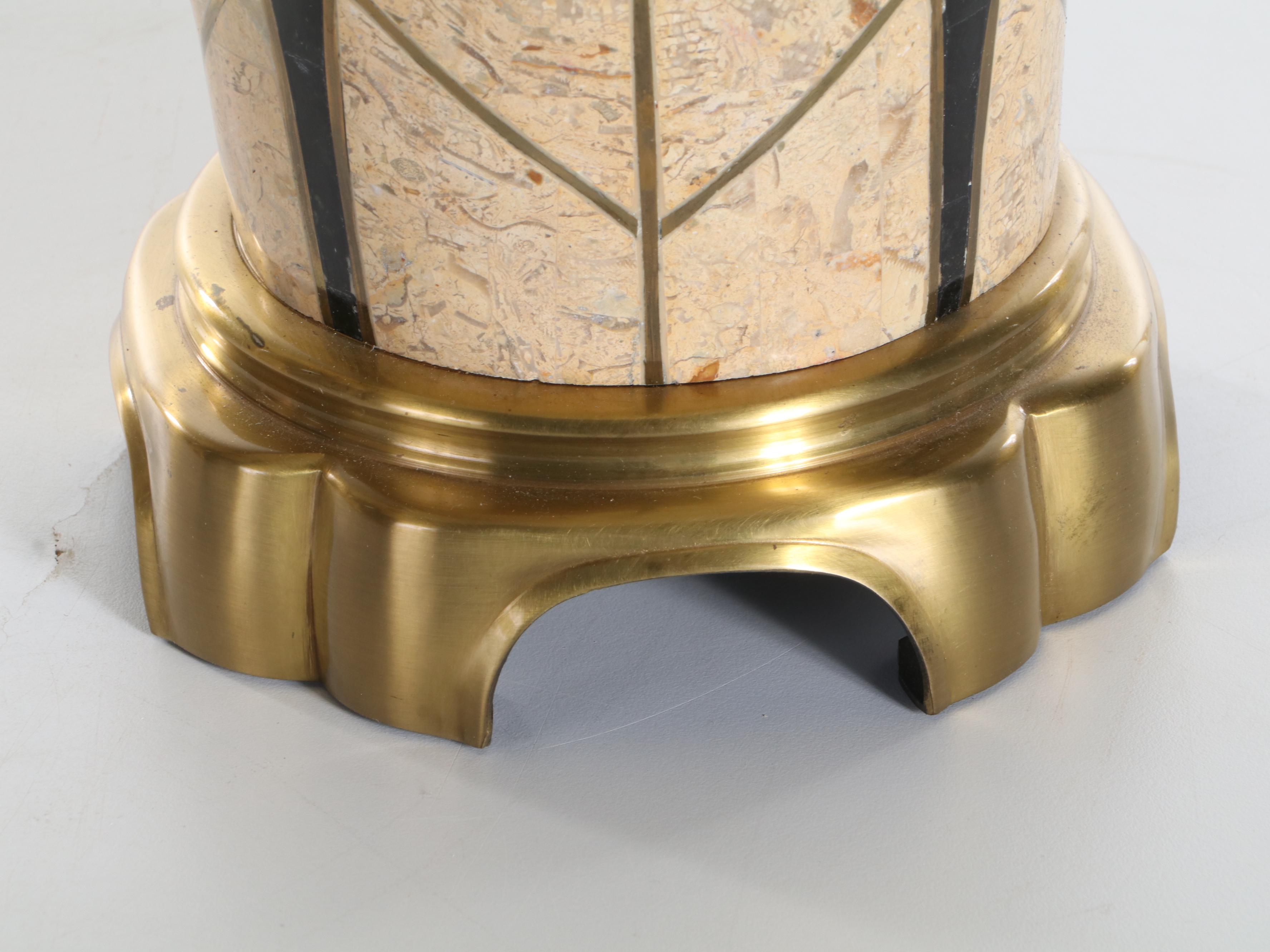 Rocky Mountain Tessellated Marble and Travertine Inlay With Brass Table Lamps