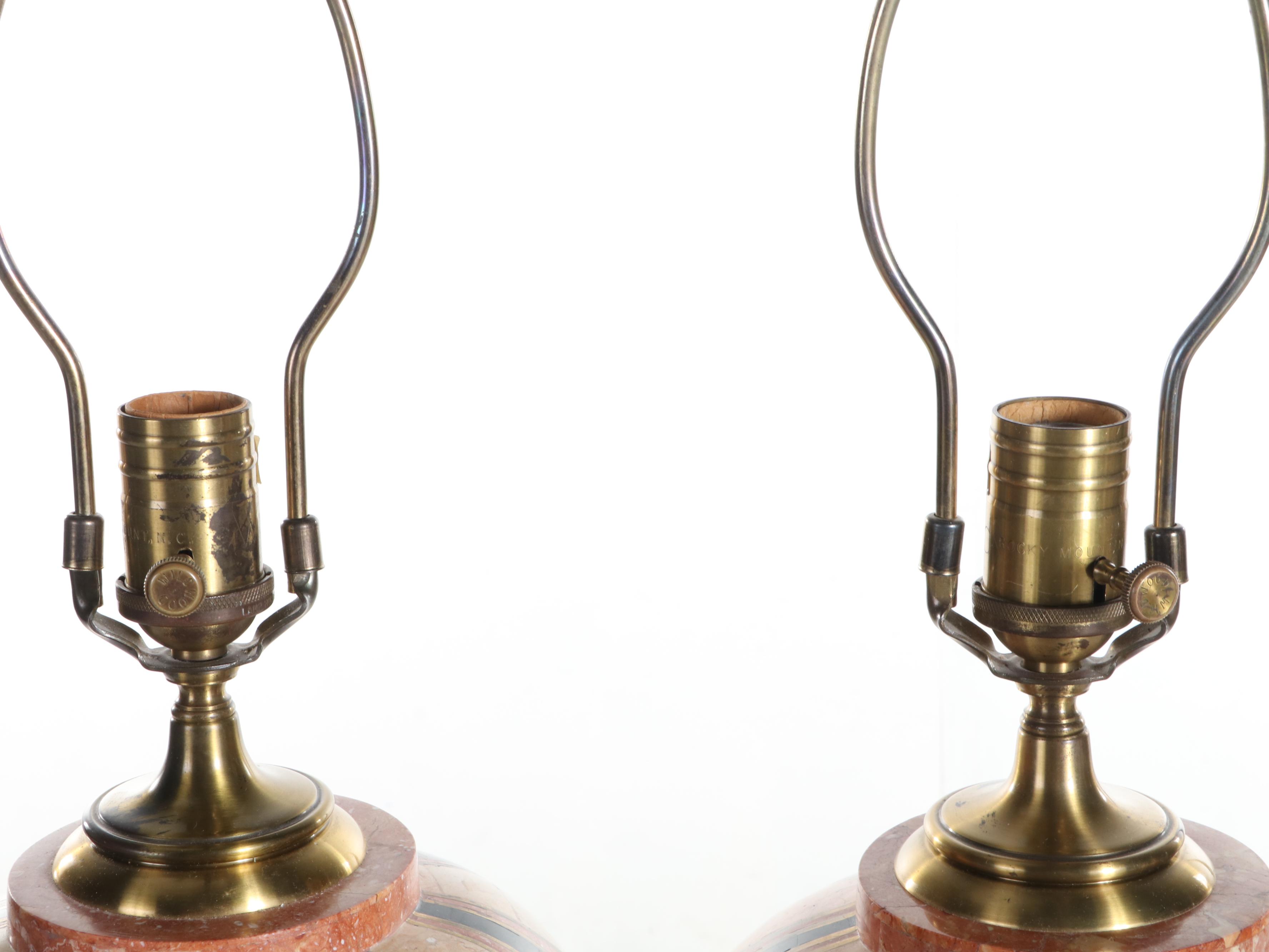 Rocky Mountain Tessellated Marble and Travertine Inlay With Brass Table Lamps