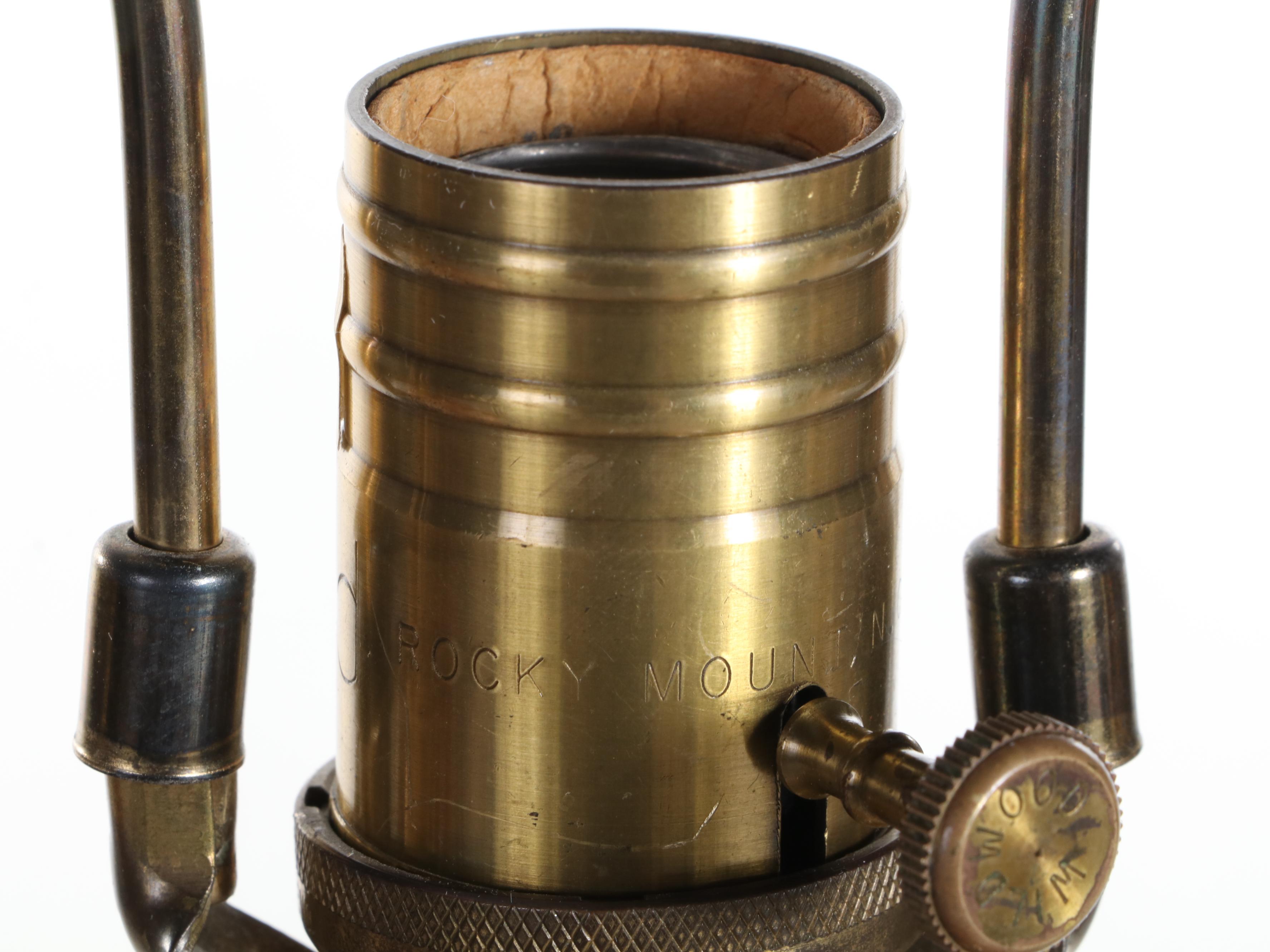 Rocky Mountain Tessellated Marble and Travertine Inlay With Brass Table Lamps