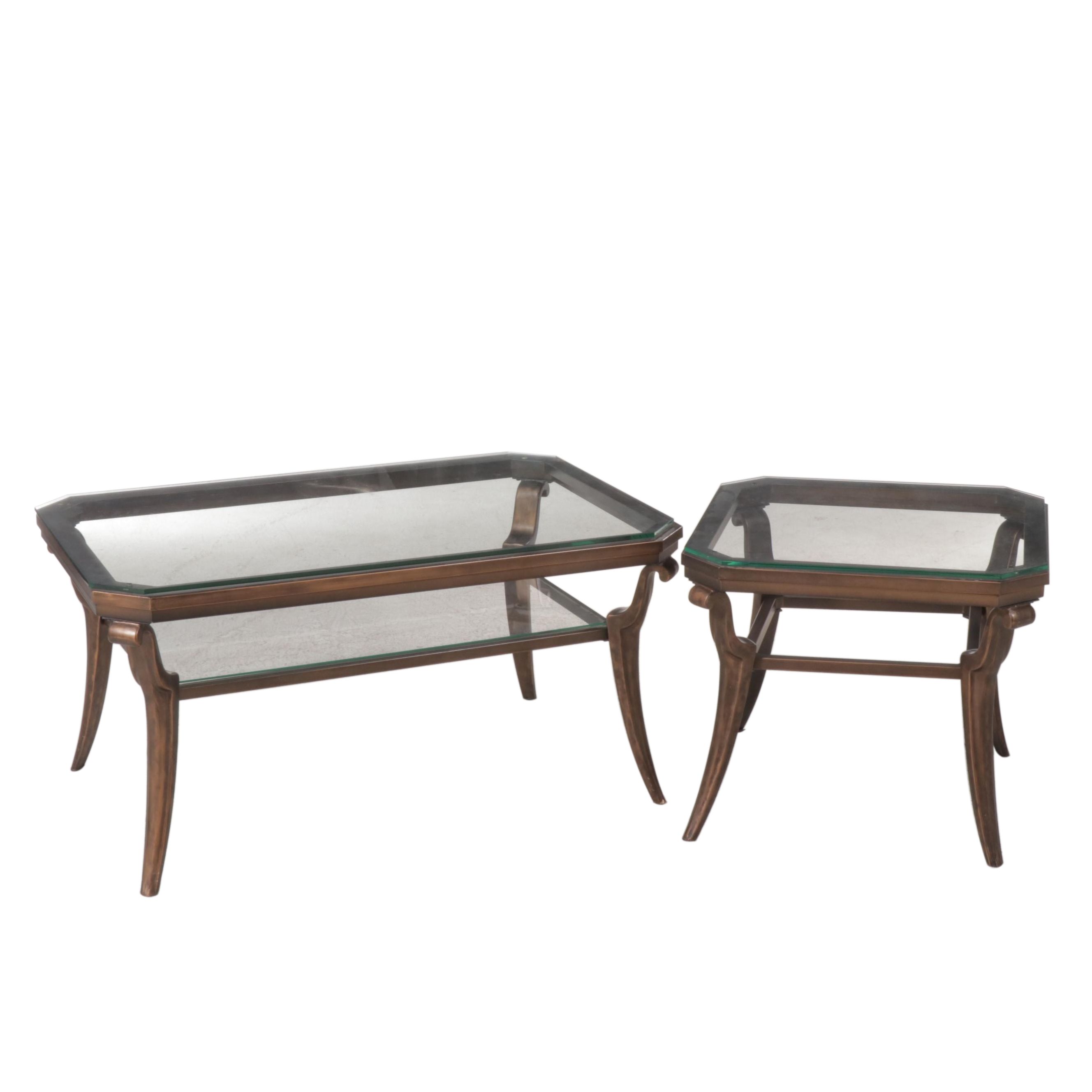 Contemporary Bronze-Patinated Metal and Glass Top Coffee Table and Side Table