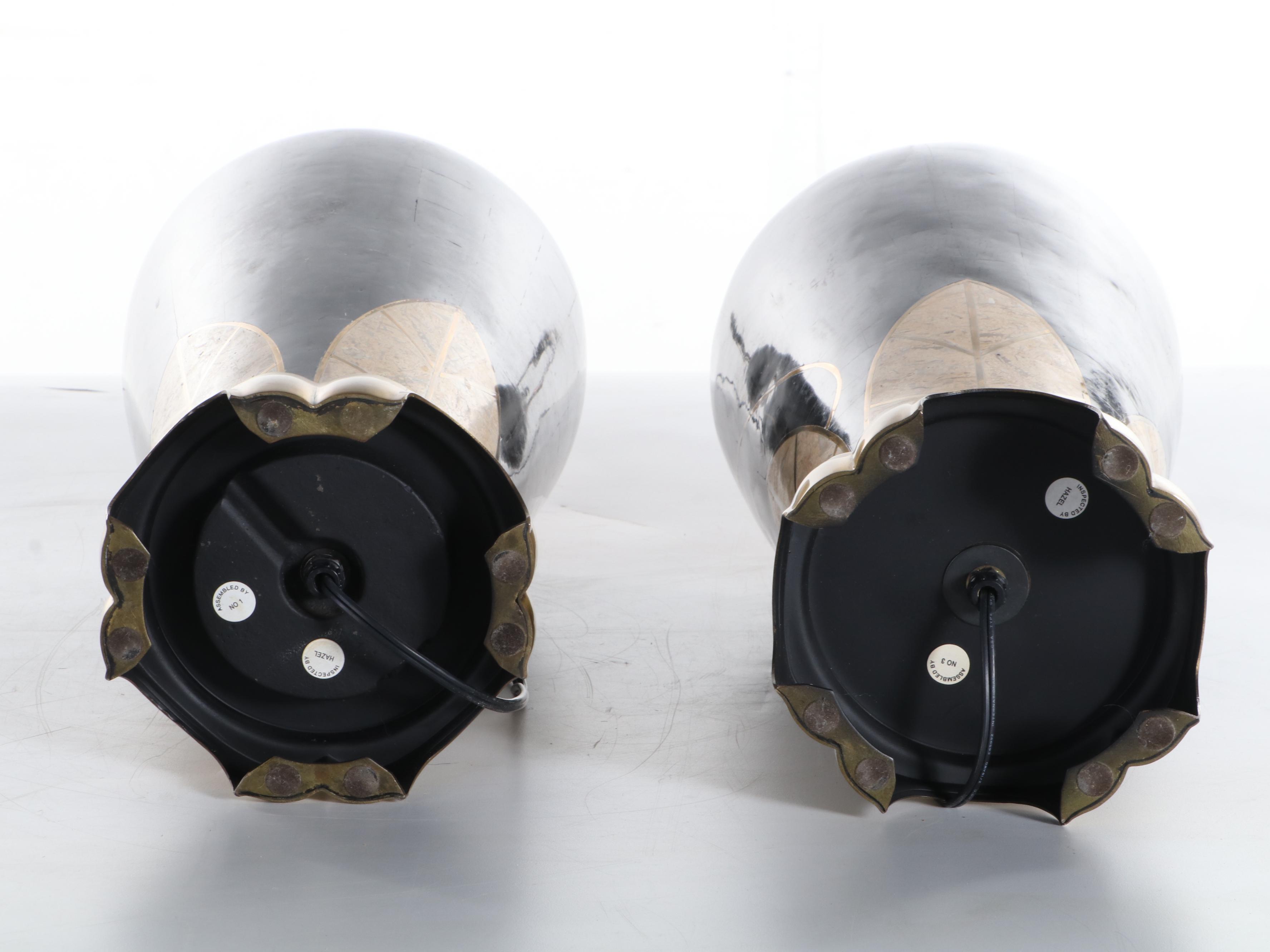 Rocky Mountain Tessellated Marble and Travertine Inlay With Brass Table Lamps