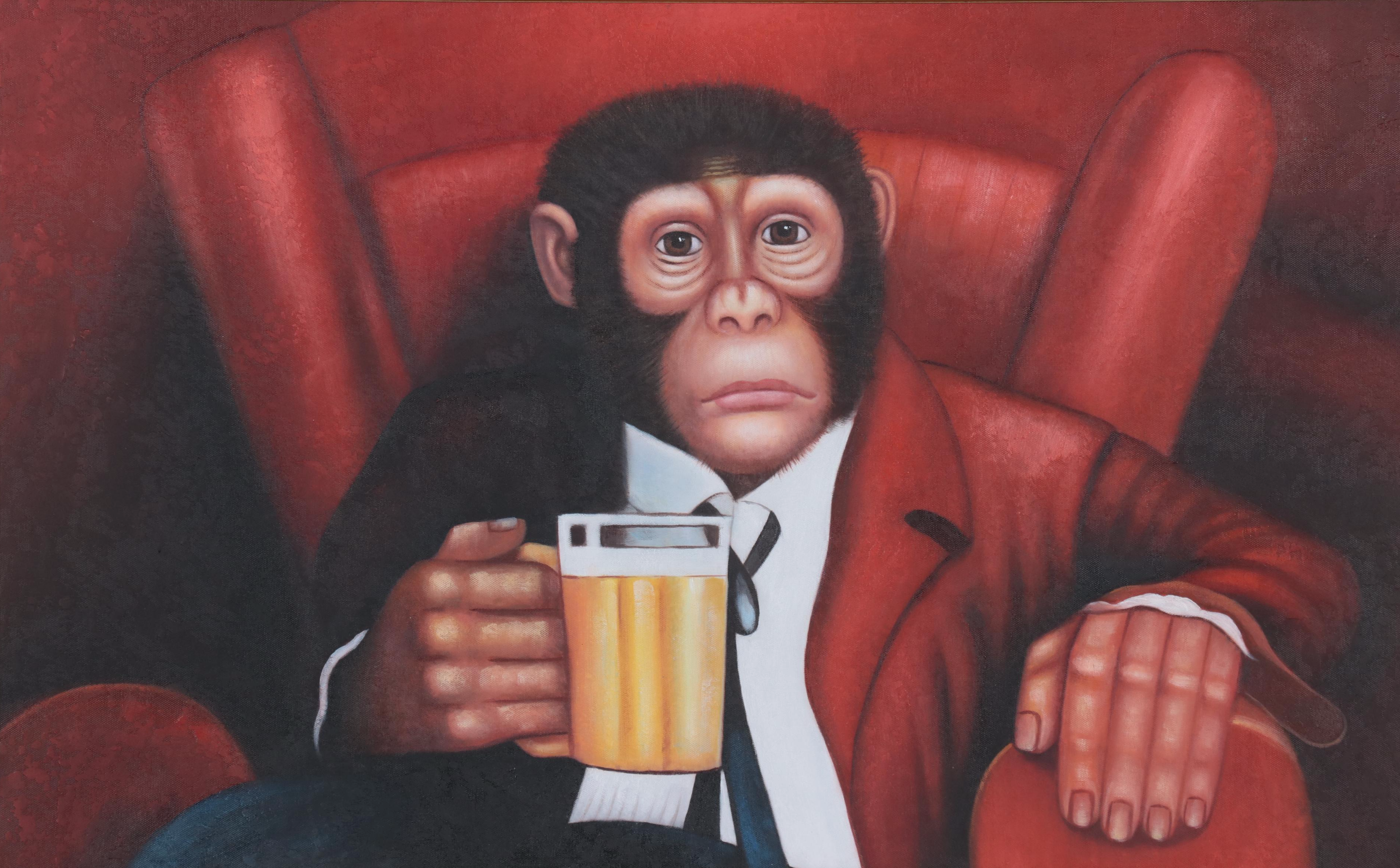 Oil Painting of Anthropomorphic Chimpanzee Drinking Beer, Late 20th Century