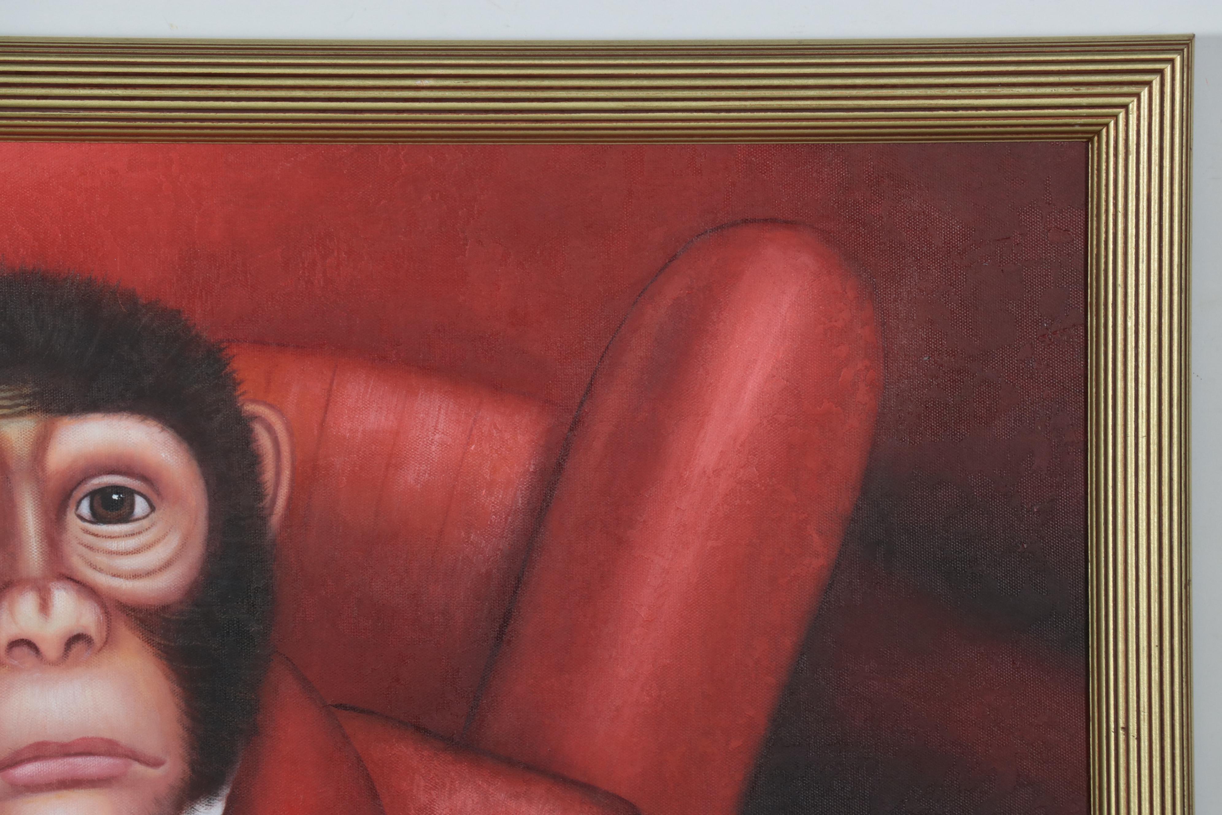 Oil Painting of Anthropomorphic Chimpanzee Drinking Beer, Late 20th Century