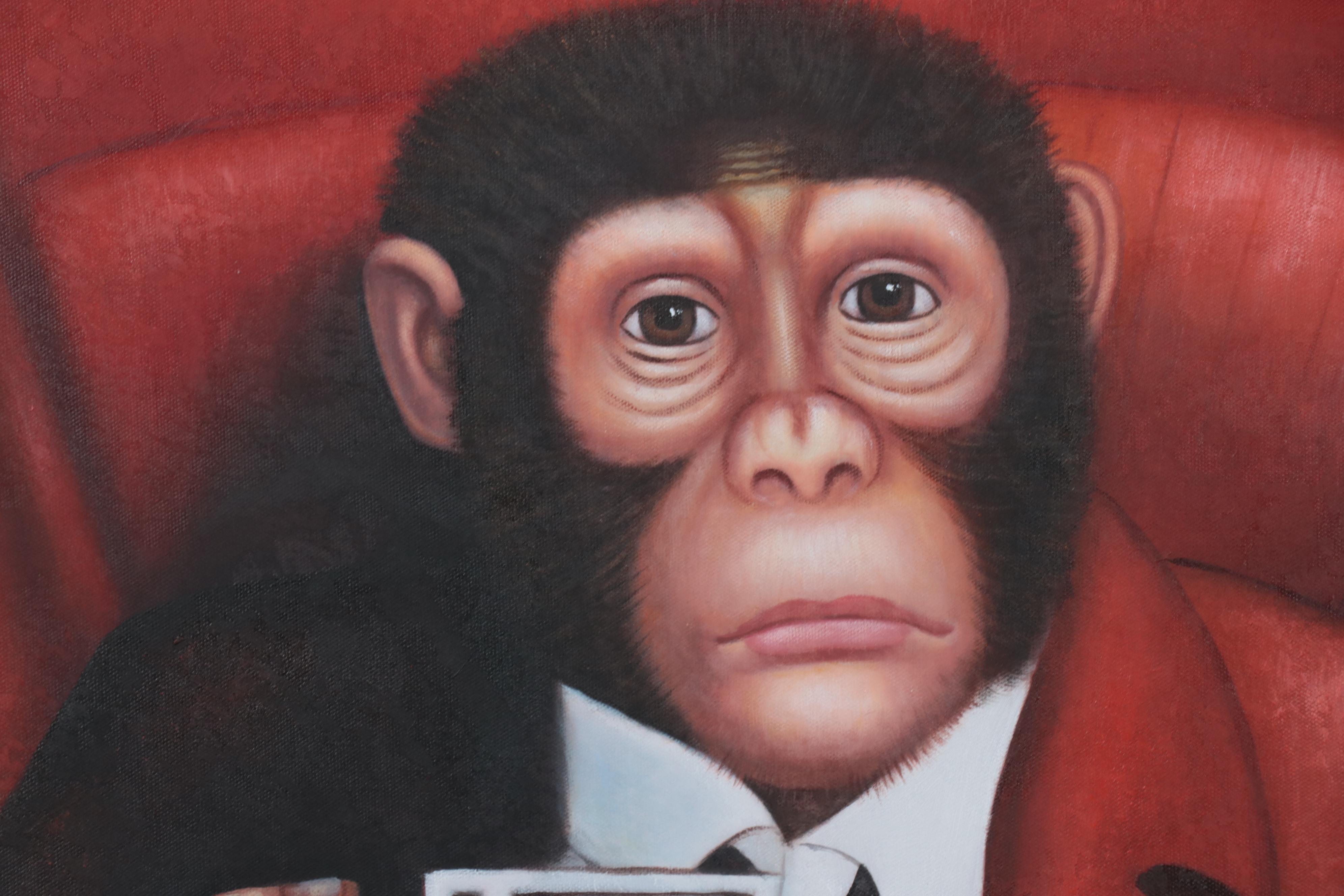 Oil Painting of Anthropomorphic Chimpanzee Drinking Beer, Late 20th Century