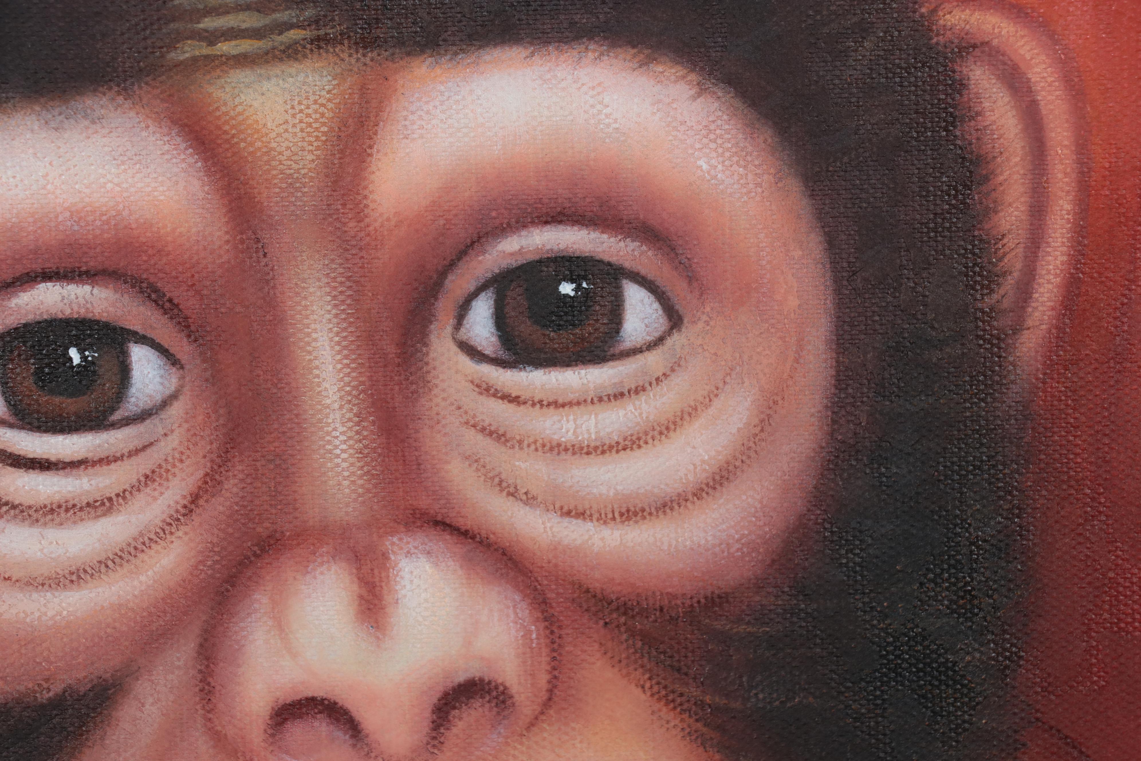Oil Painting of Anthropomorphic Chimpanzee Drinking Beer, Late 20th Century