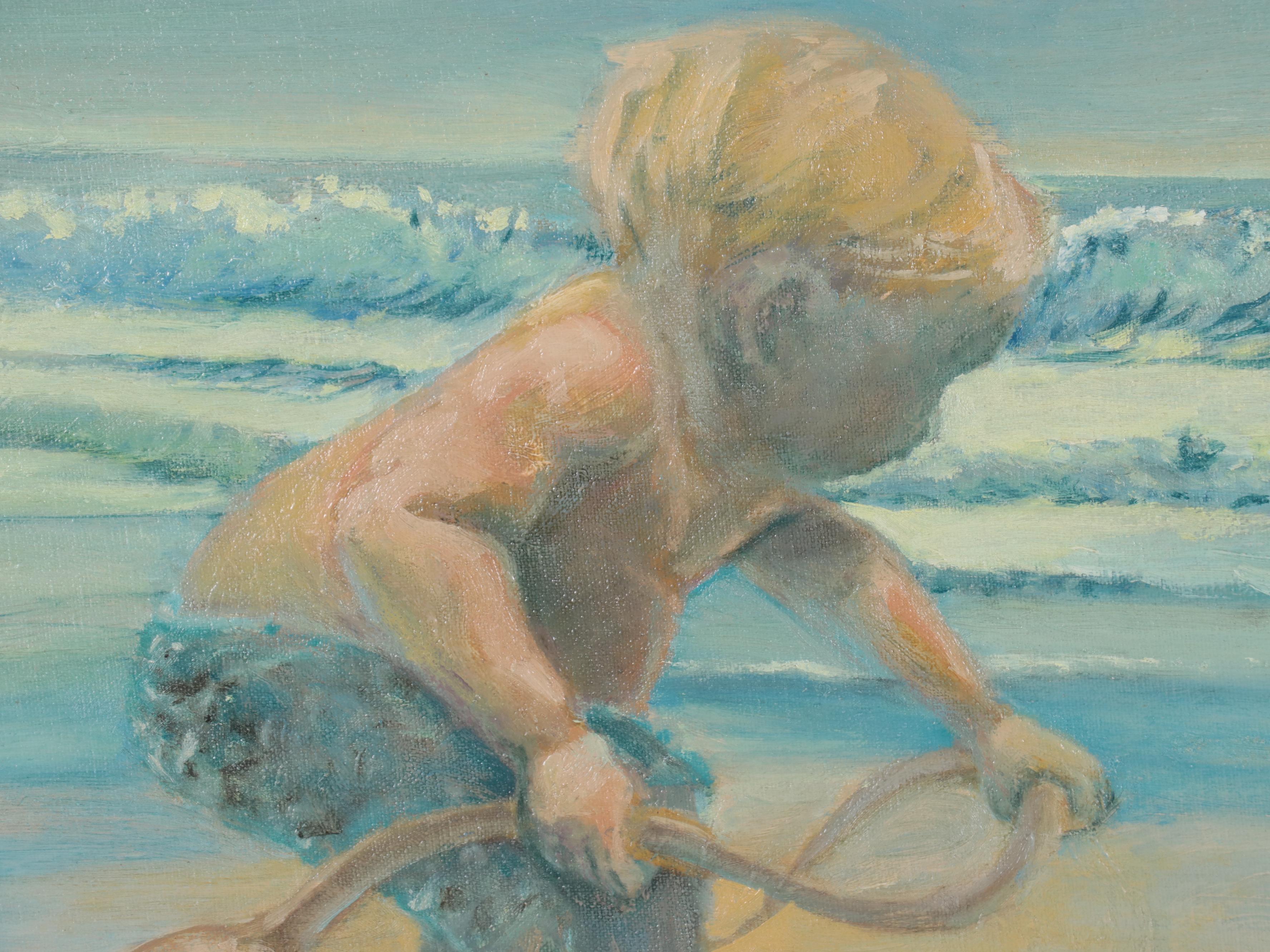 Oil Painting of Child at the Beach, Late 20th Century